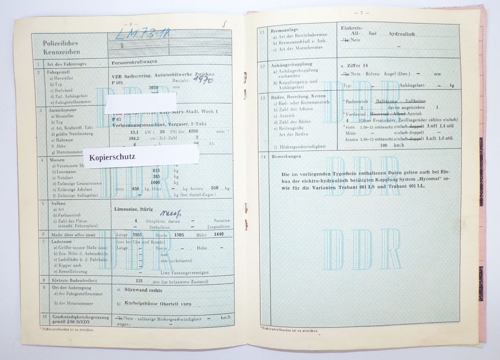 Kfz Brief Trabant P601 Sachsenring Baujahr 1970 Limousine Trabi