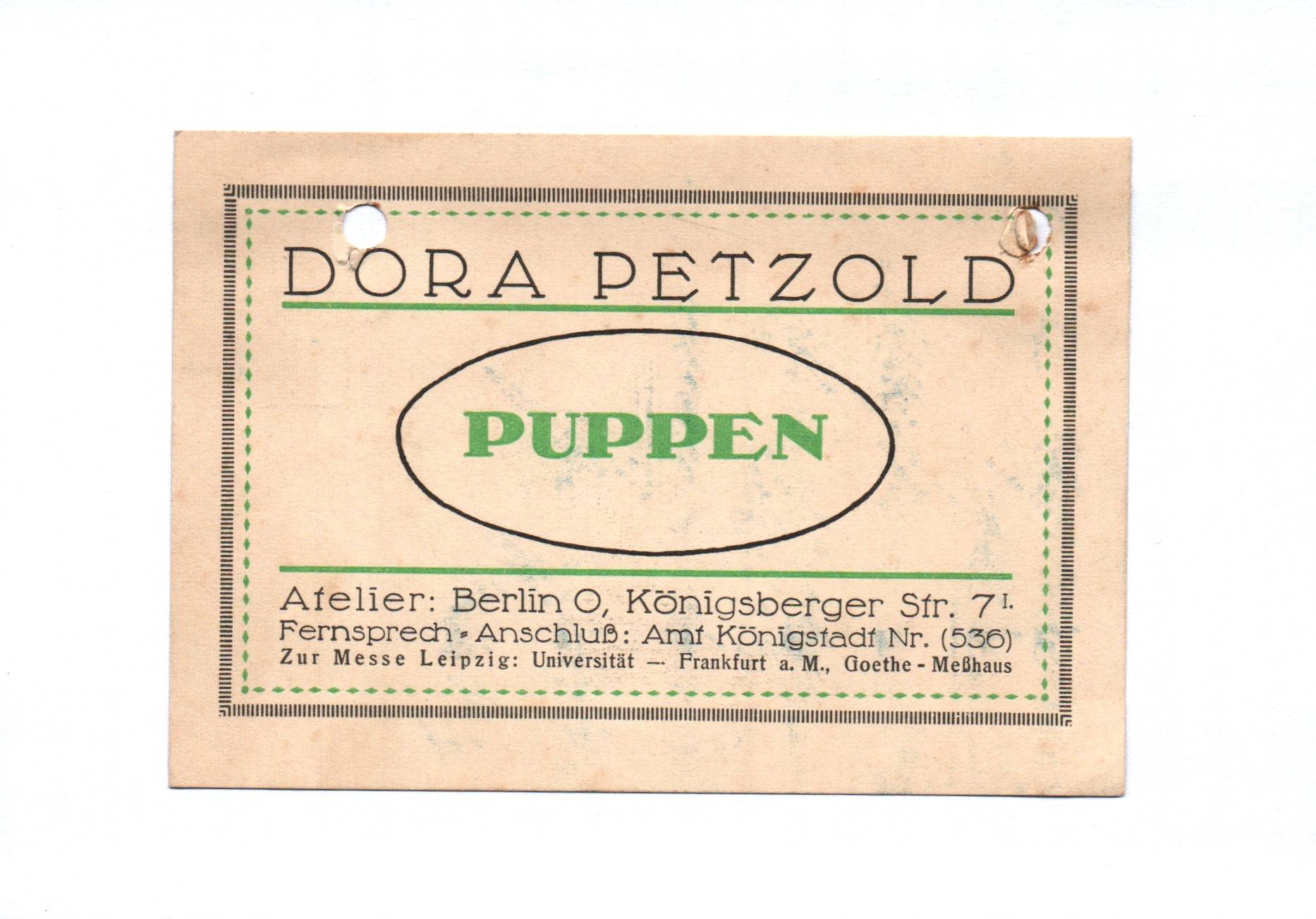 Visitenkarte Dora Petzold Puppen Atelier Berlin Visitenkarte Dora Petzold Puppen Atelier Berlin
