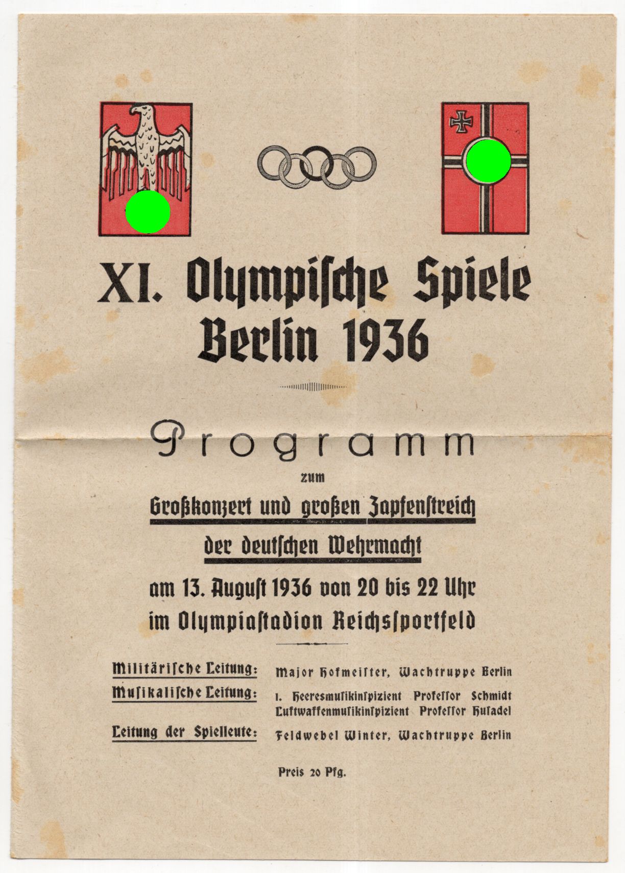 Programm zum Großkonzert und großen Zapfenstreich der deutschen Wehrmacht Olympische Spiele Berlin 1936 Reichssportfeld