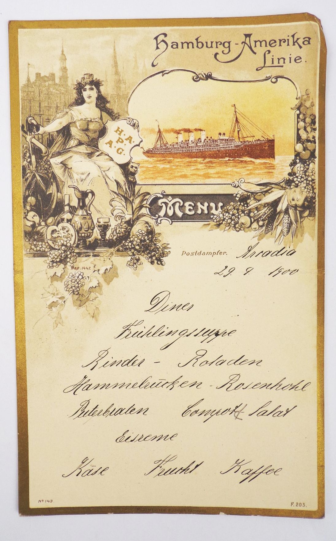 Hamburg Amerika Linie Menü Karte 3 x Speisekarte 1900 Litho 