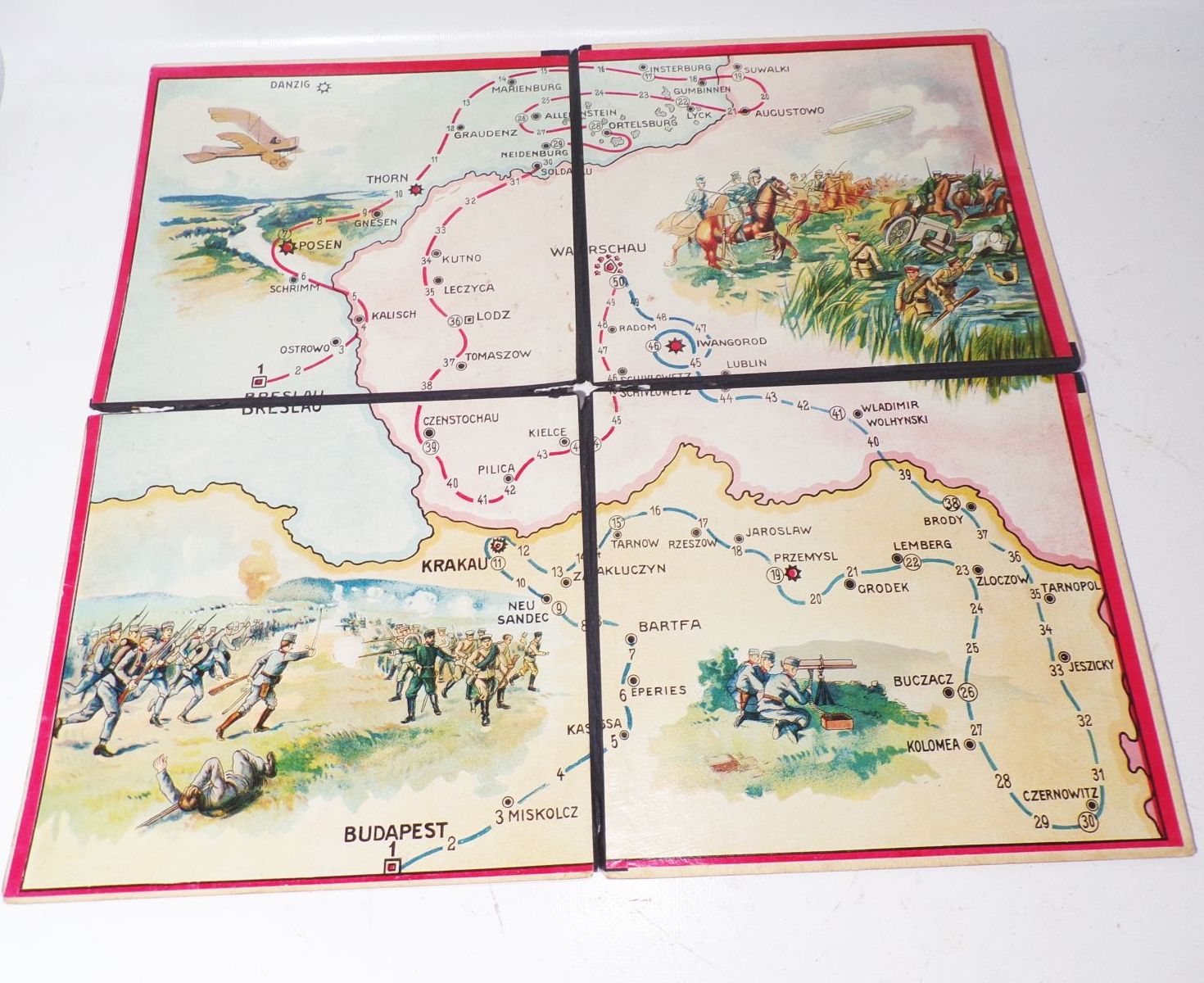 Spielbrett um 1910 Flugreise Budapest nach Breslau Zeppelin Militär selten 