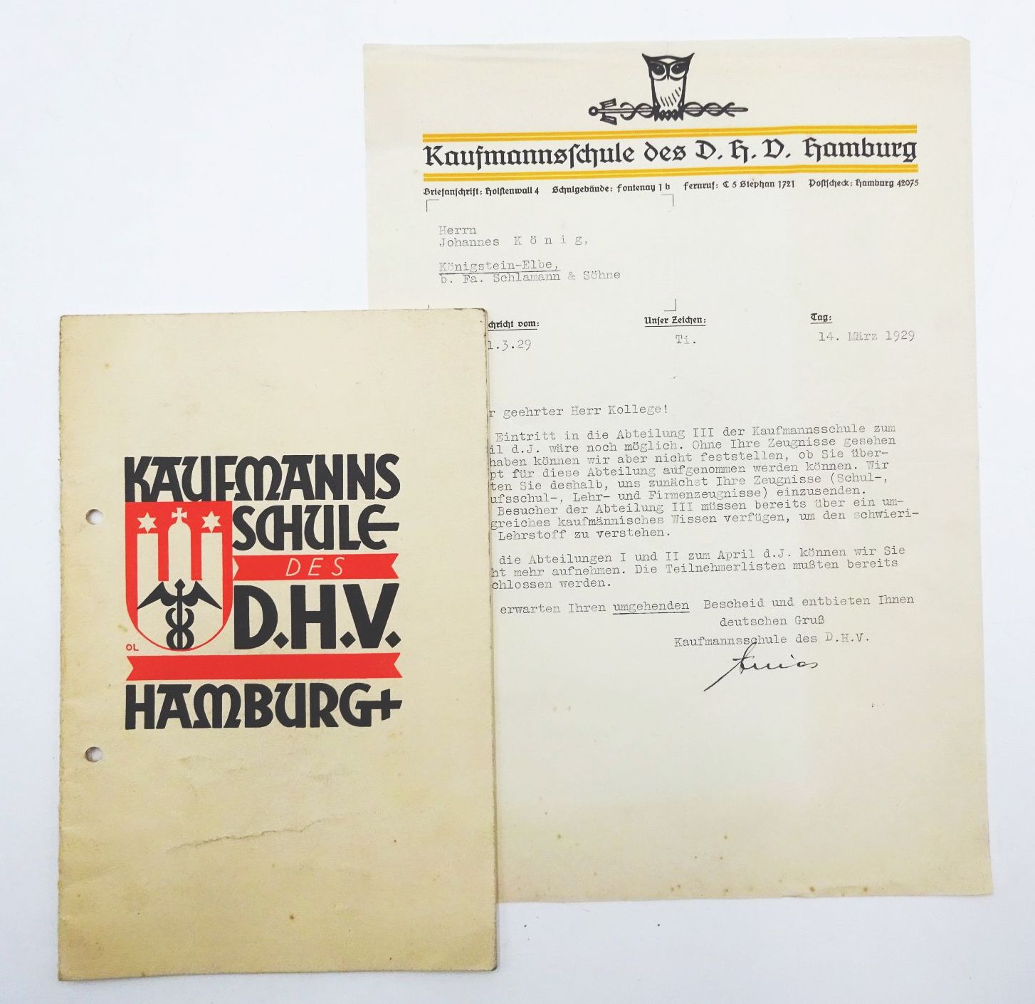 Broschüre Kaufmann Schule des DHV Hamburg 1929