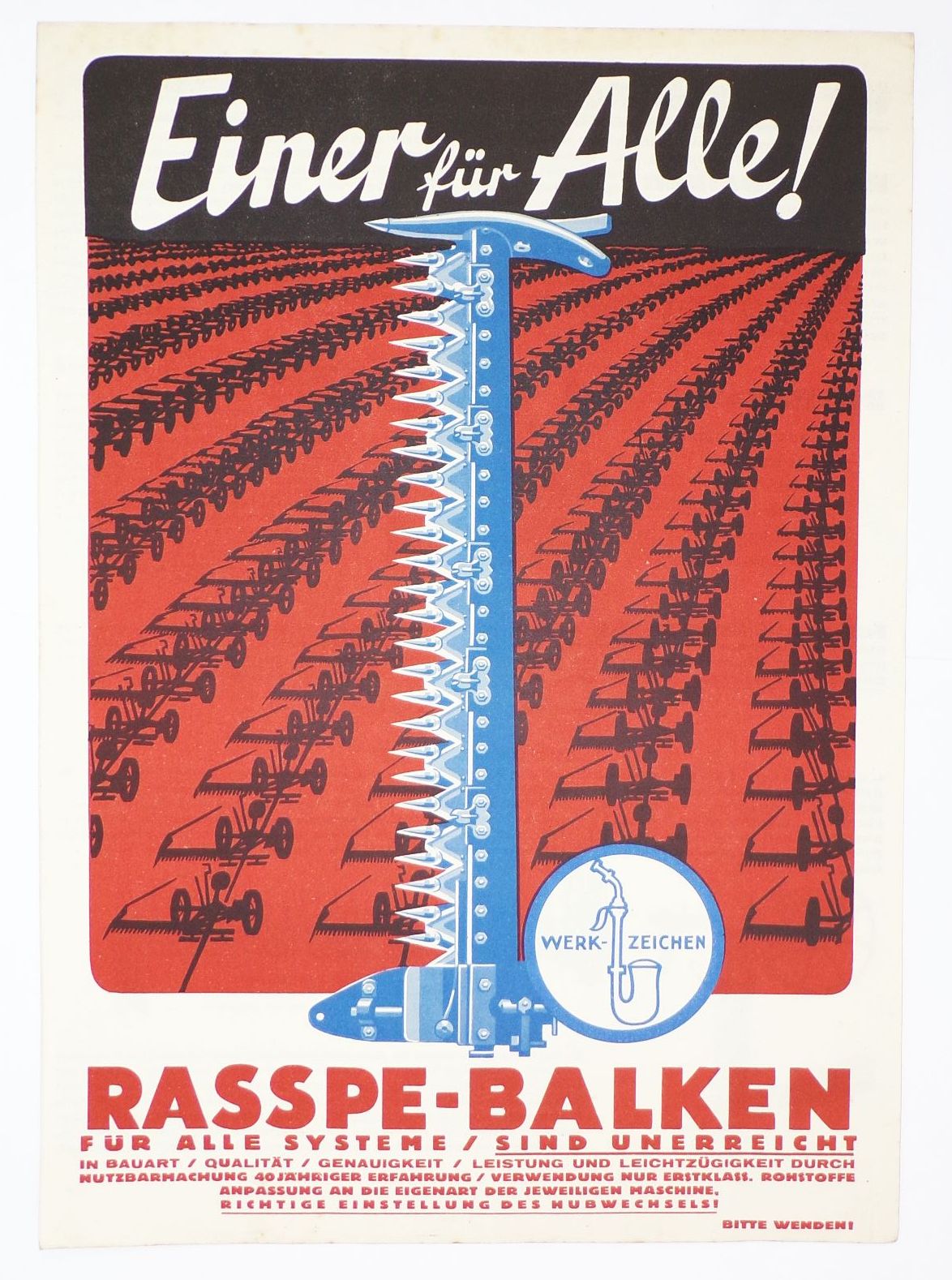 Werbe Druck Rasspe Balken 1930er Landwirtschaft Balkenmäher