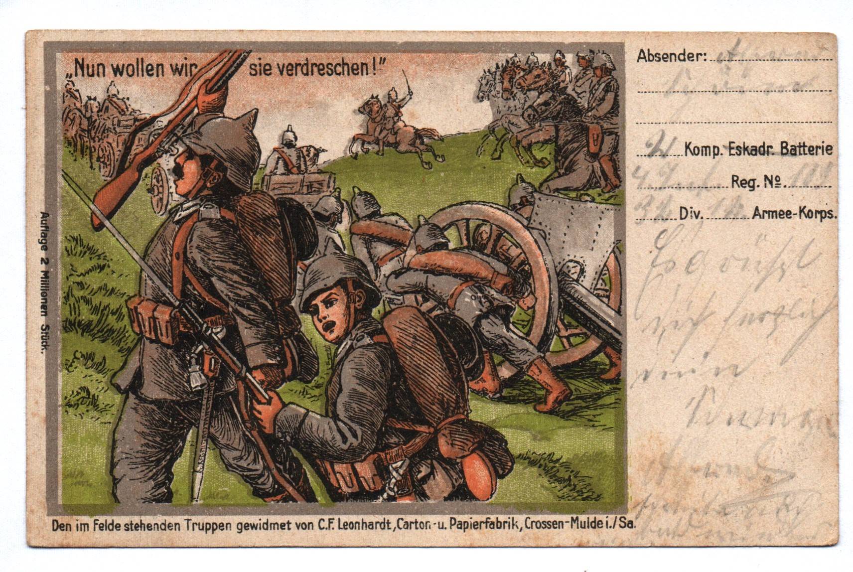 Feldpostkarte 1915 Inf Div Nr 32 Nun wollen wir sie verdreschen
