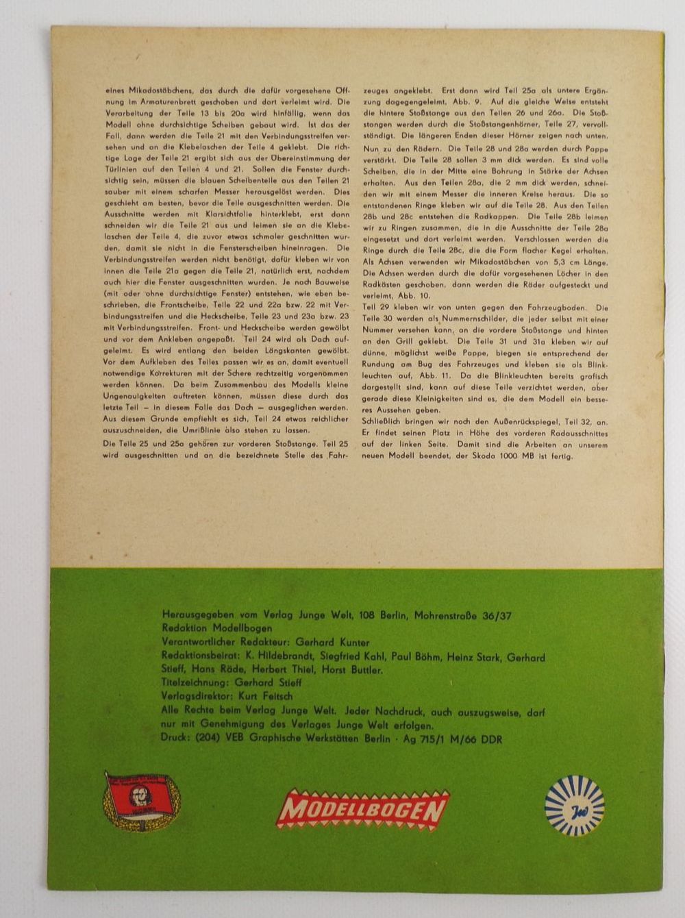 Alter Kranich Modellbogen Skoda 1000 MB 1966 DDR GDR Modellbau
