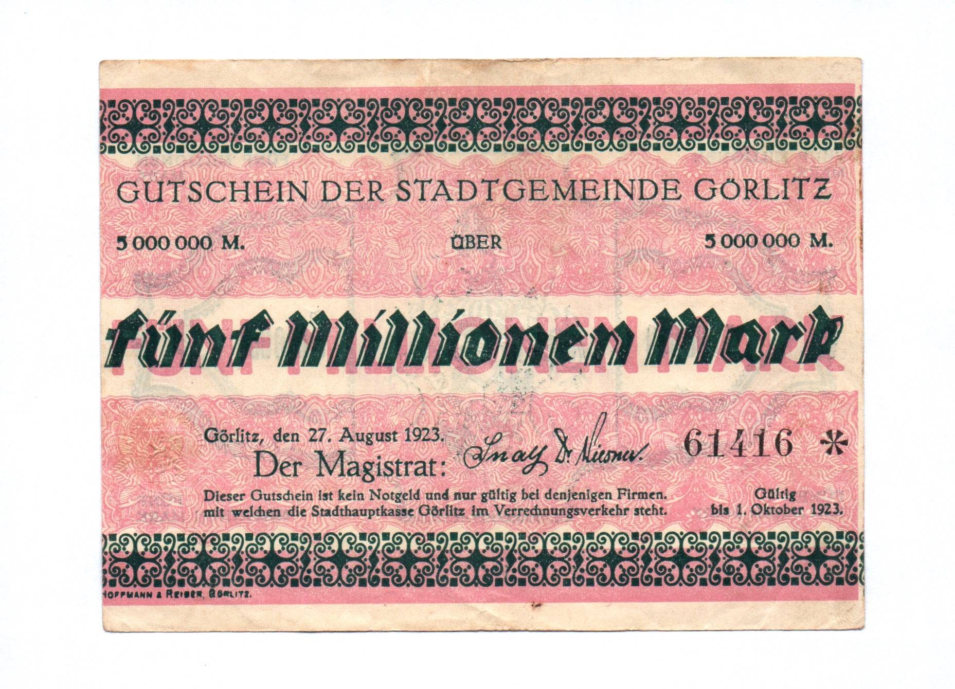 Gutschein der Stadtgemeinde Görlitz Fünf Millionen Mark 1923