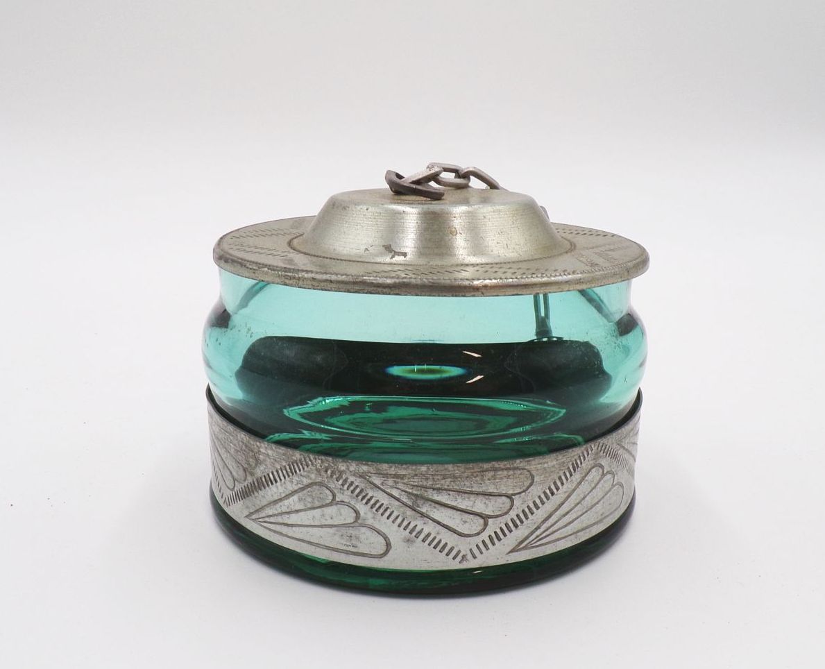 Altes Glas mit Metalldeckel Kette Grün Antik Behälter Vorratsgefäß 