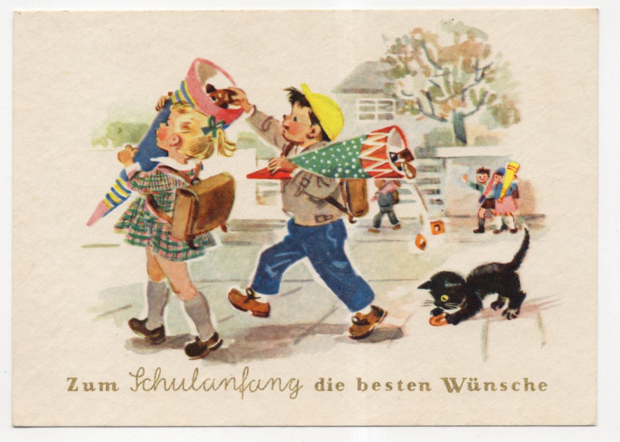 Ak Schulanfänger mit schwarzer Katze Hanna Roth Schaberschul 1959