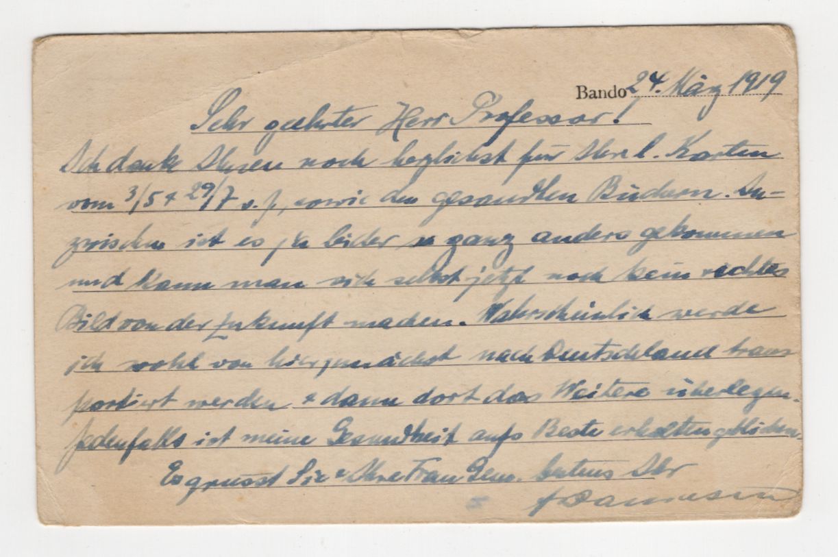 Kriegsgefangenen Postkarte Bando Japan 1919 nach Deutschland POW