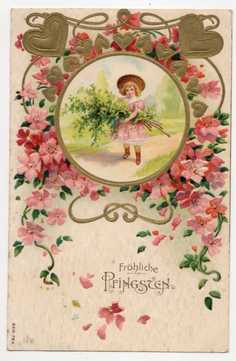 Litho Ak Mädchen mit Blumen Fröhliche Pfingsten um 1900 leicht geprägt