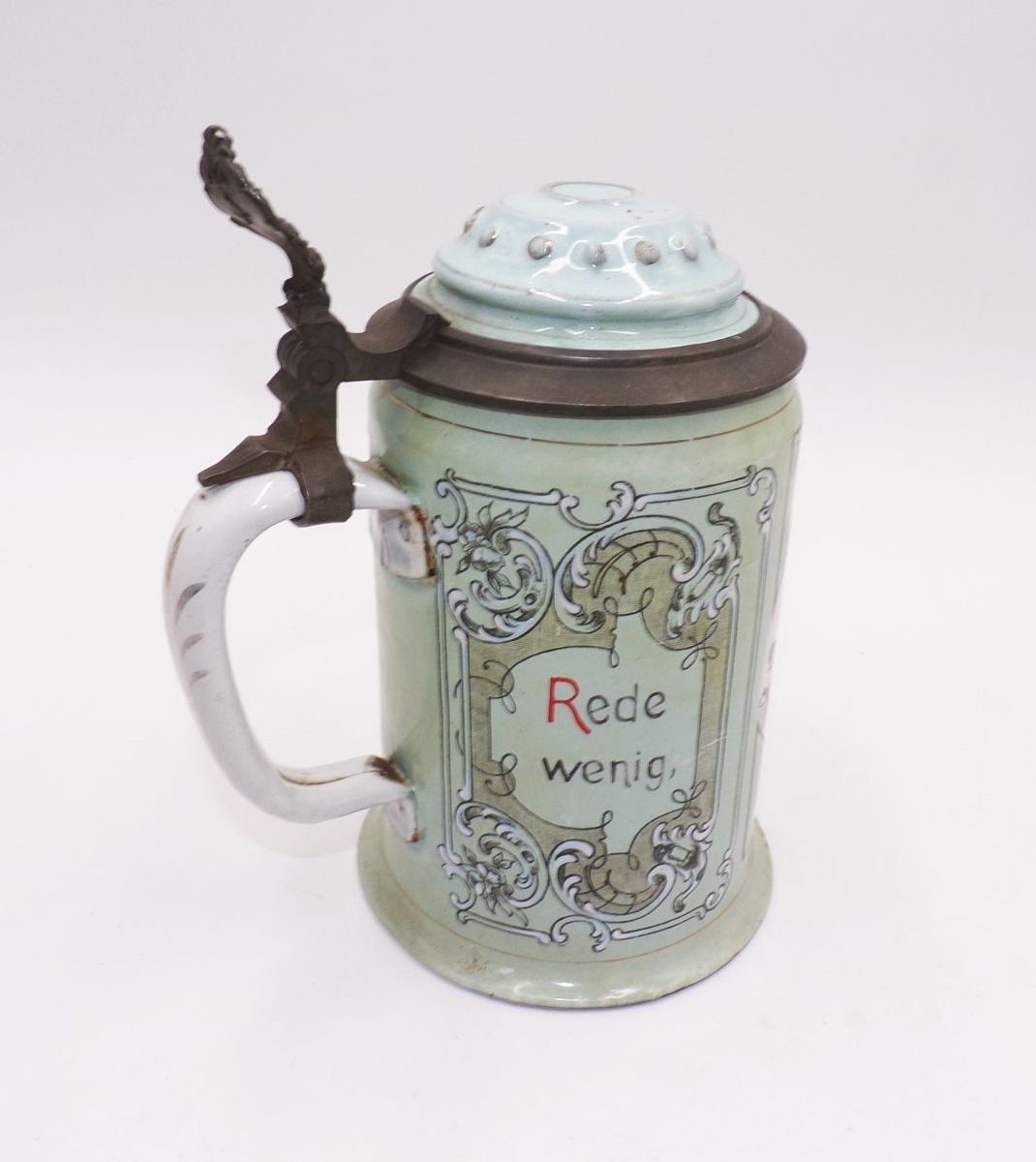 Alter Bierkrug Emaille Rede wenig Trinke viel um 1900 Deko 