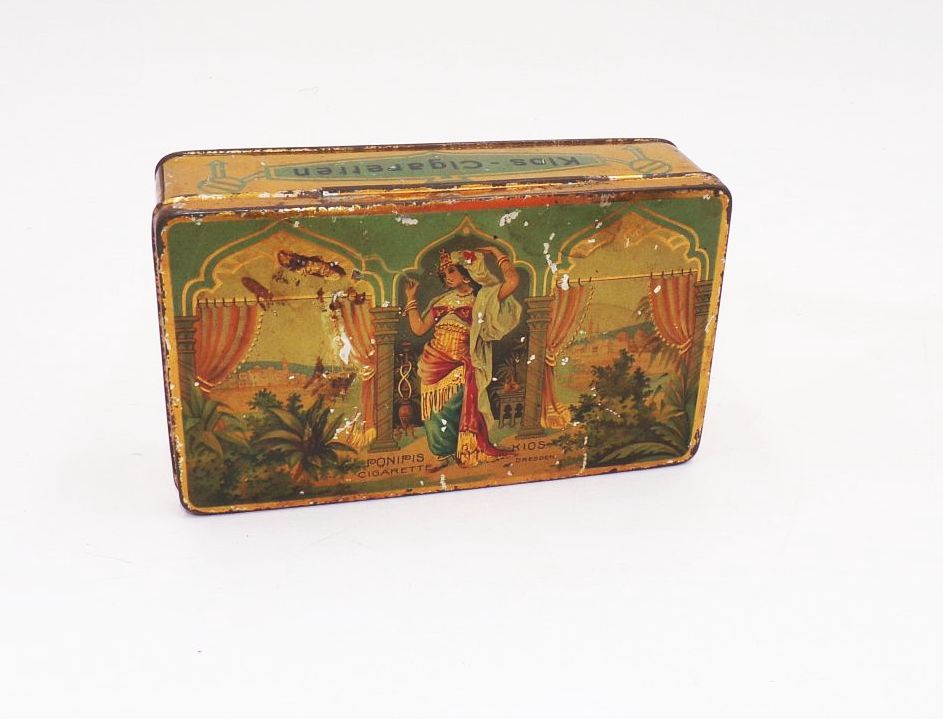 Alte lithografierte Blechdose Ponipis Cigarette Kios Dresden um 1900 box