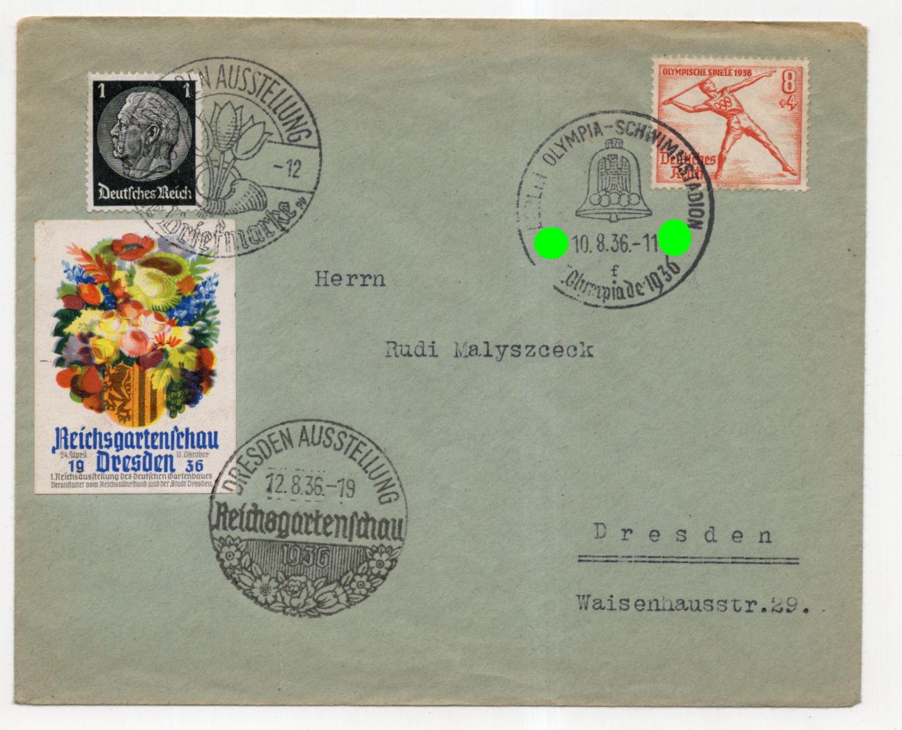 6 x Brief Olympia 1936 Berlin Dresden Reichsgartenschau Vignette 