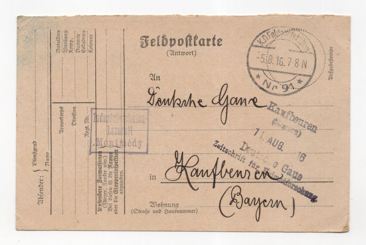 Feldpostkarte 1916 Industrieschulen Lazarett Montmedy Stempel