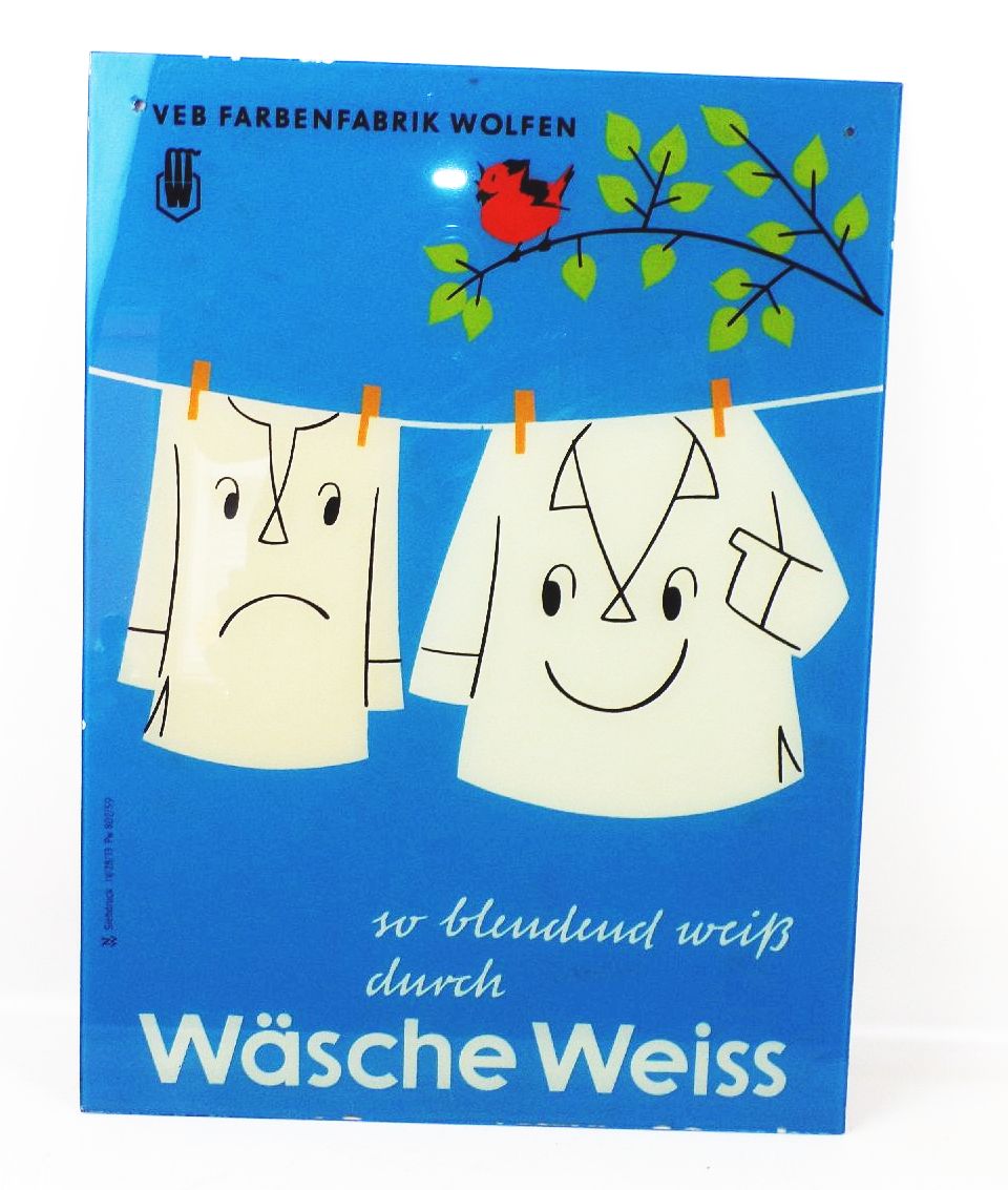 DDR Glasschild Wäsche Weiss VEB Farbenfabrik Wolfen 1959 Reklame Schild