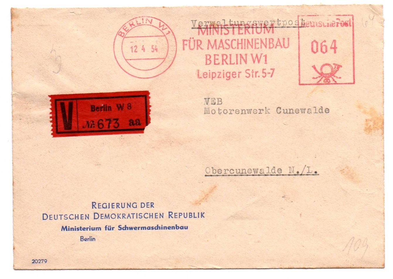 V Berlin W8 Ministerium für Maschinenbau VEB Motorenwerk Cunewalde 1954