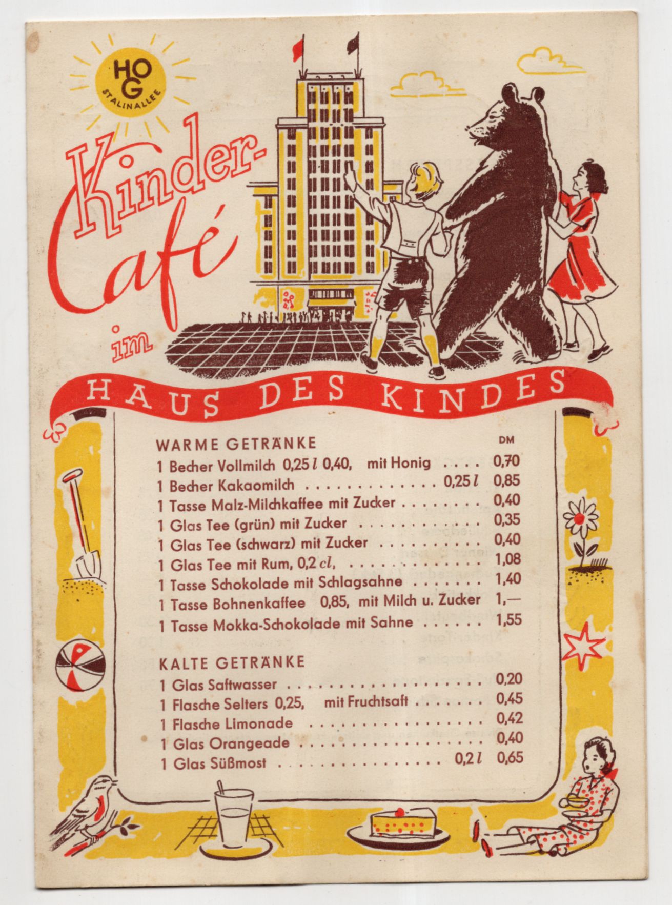 Speisekarte Berlin Stalinallee HOG Kinder Cafe im Haus des Kindes 1955