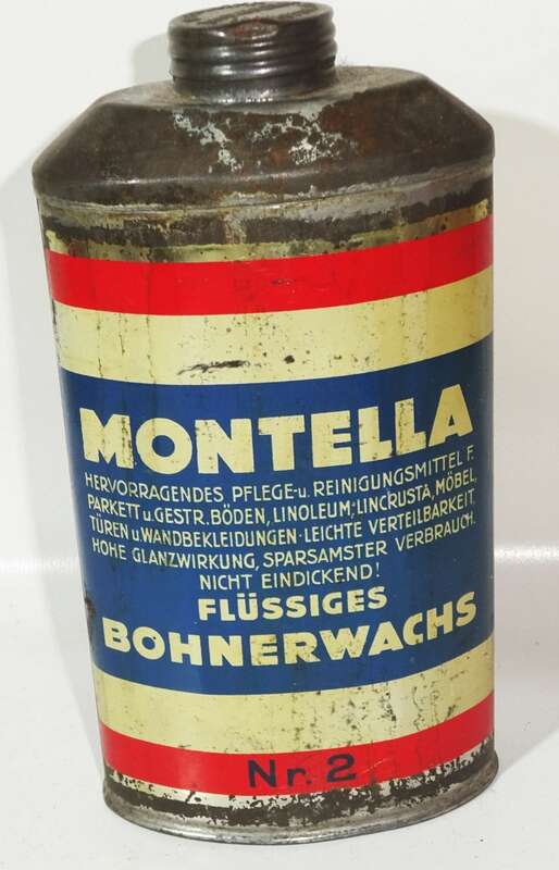 Alte Flasche Montella flüssiges Bohnerwachs Inhalt Blechdose Reklame 