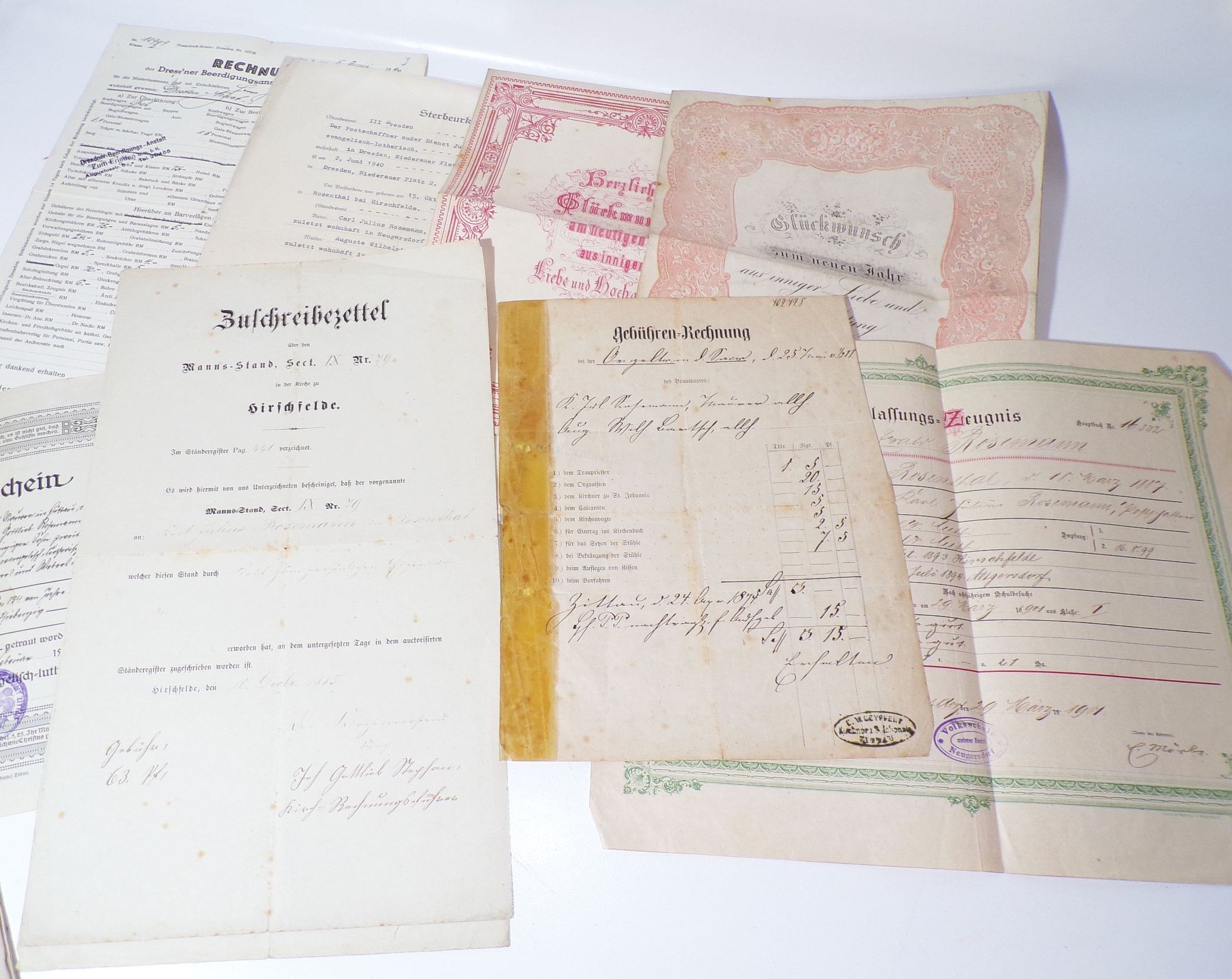 Konvolut alte Dokumente Hirschfelde Rosenthal Zittau ab 1884 Handschrift