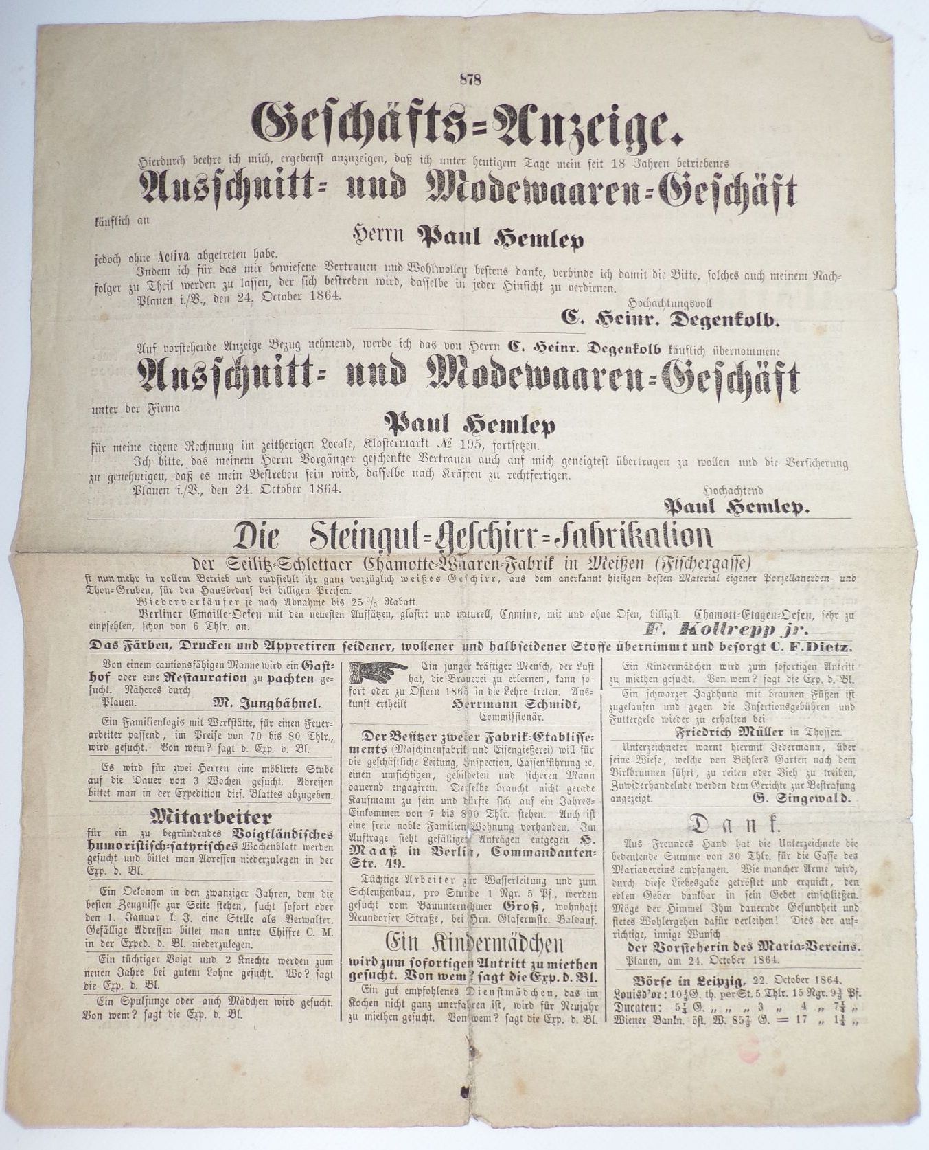 Geschäfts Anzeiger Plauen 1864 Vogtland 