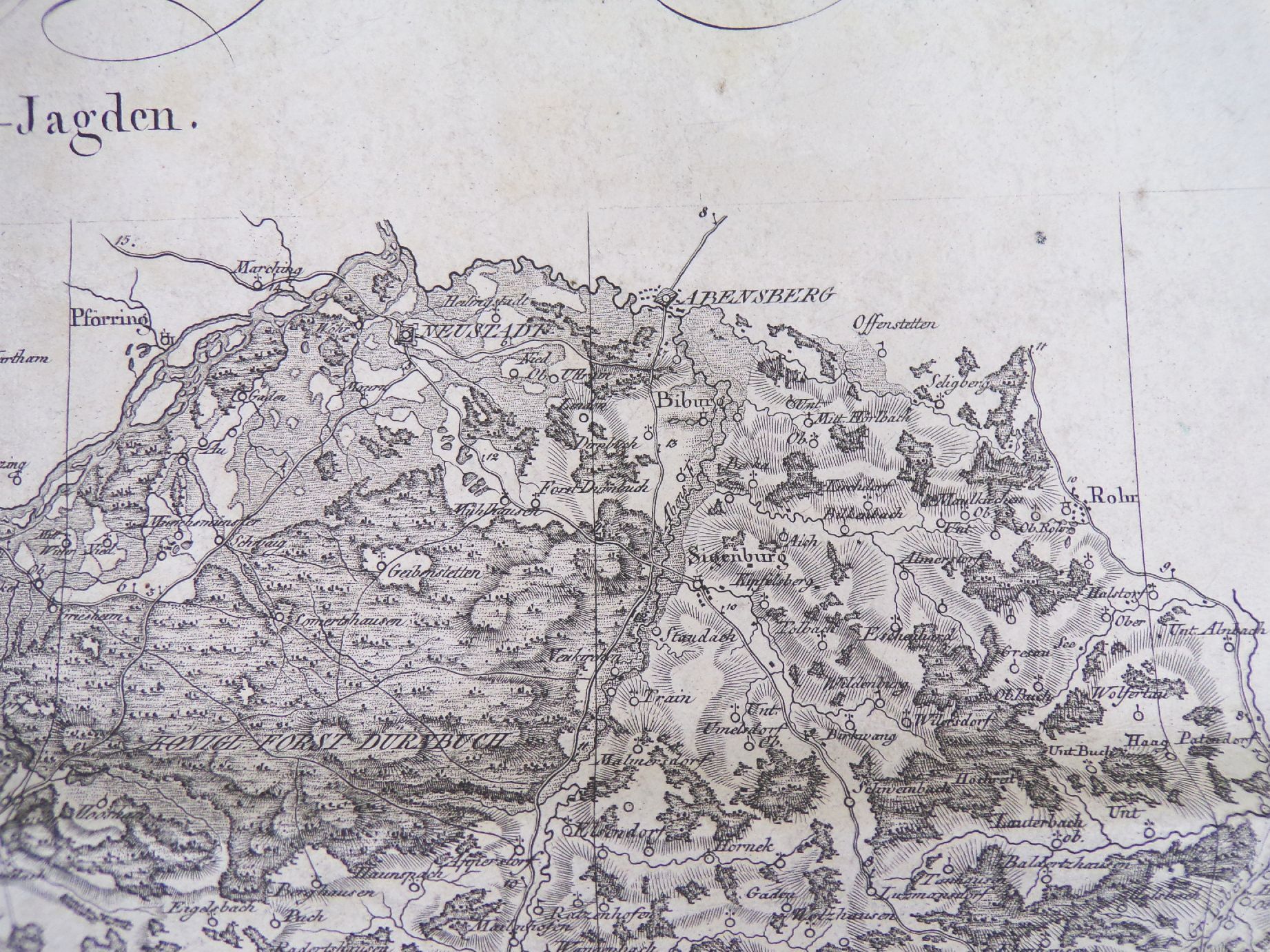 Übersichtskarte kgl Jagd Reviere im Leibgehege Münsingen Bayern um 1840 Karte