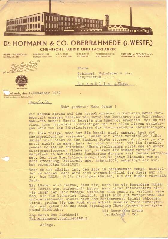 Rechnung Hofmann & Co Oberrahmede Westfalen 1937 Lackfabrik