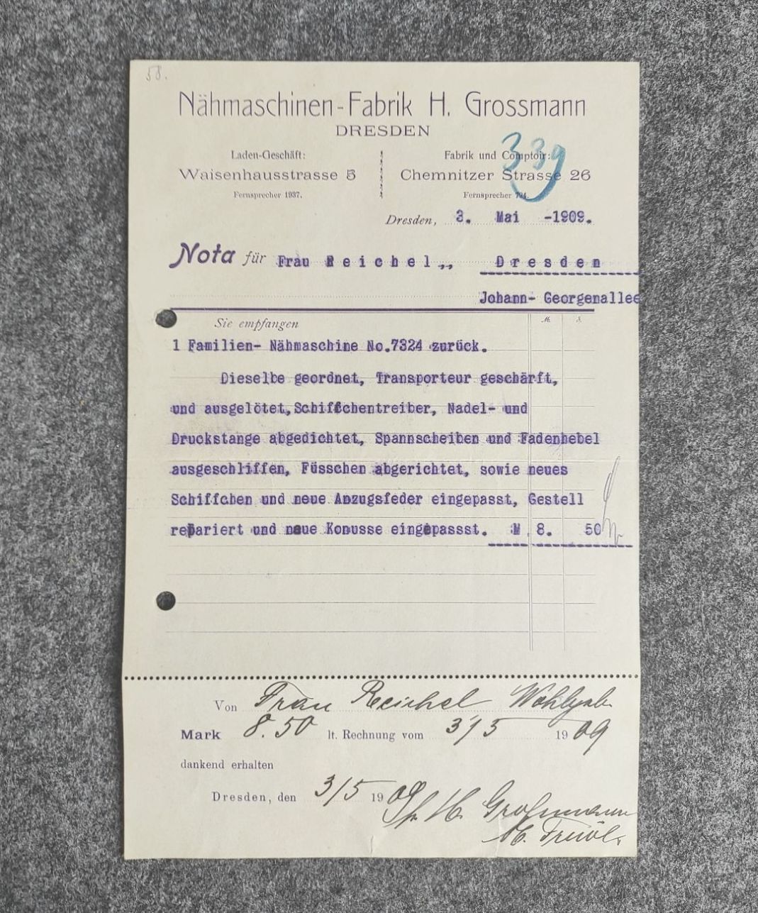 Nähmaschinenfabrik Grossmann Dresden 1909 Nota Nähmaschine Nähmaschinenfabrik Grossmann Dresden 1909 Nota Nähmaschine