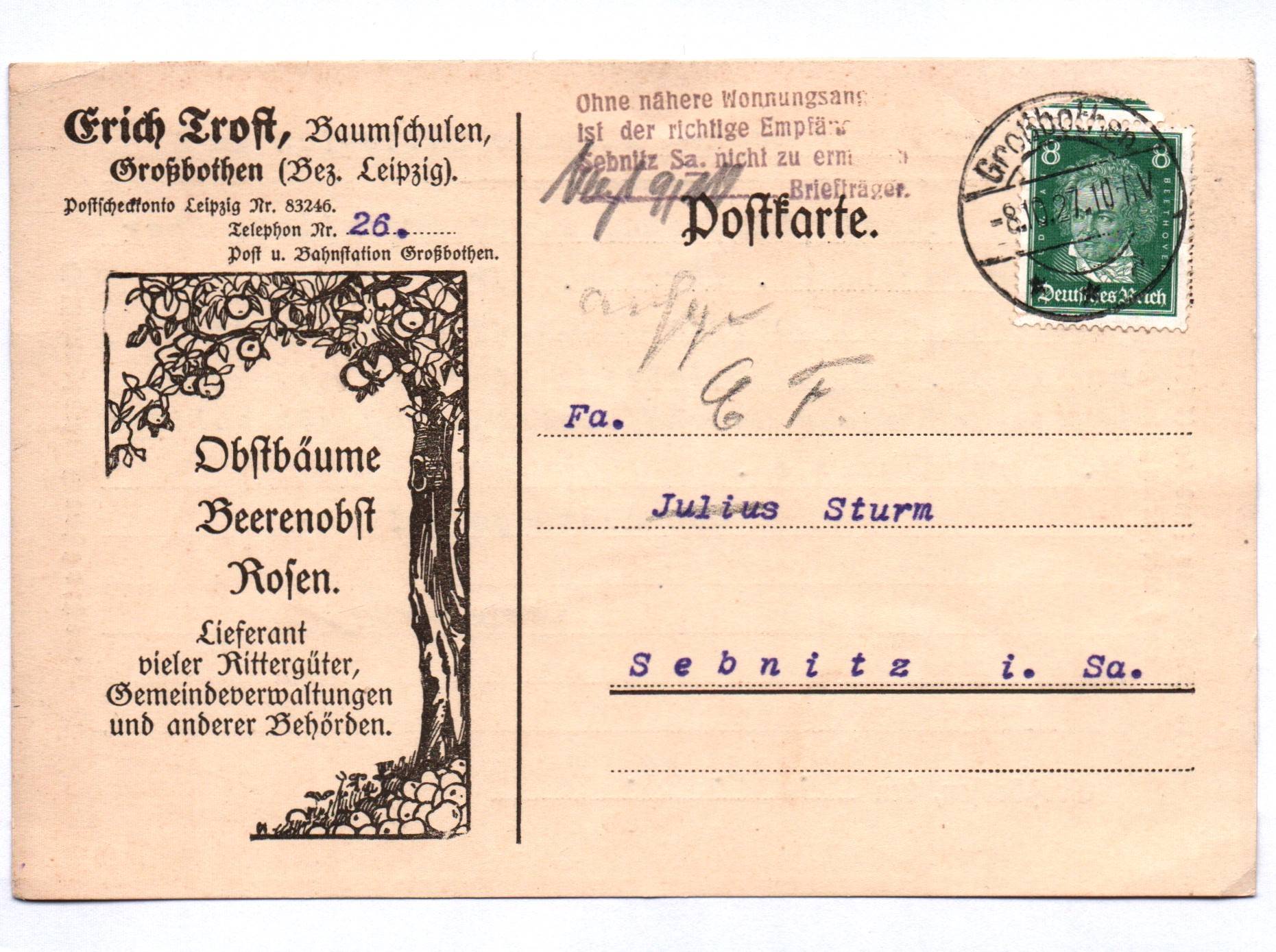 Postkarte Erich Trost Baumschulen Großbothen Bezirk Leipzig 1927 Postkarte Erich Trost Baumschulen Großbothen Bezirk Leipzig 1927