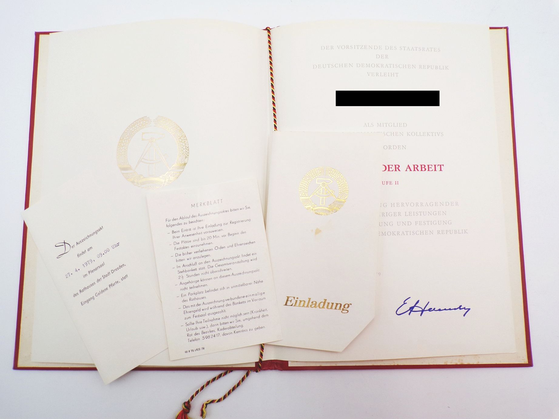 Banner der Arbeit DDR Orden Auszeichnung mit Urkunde