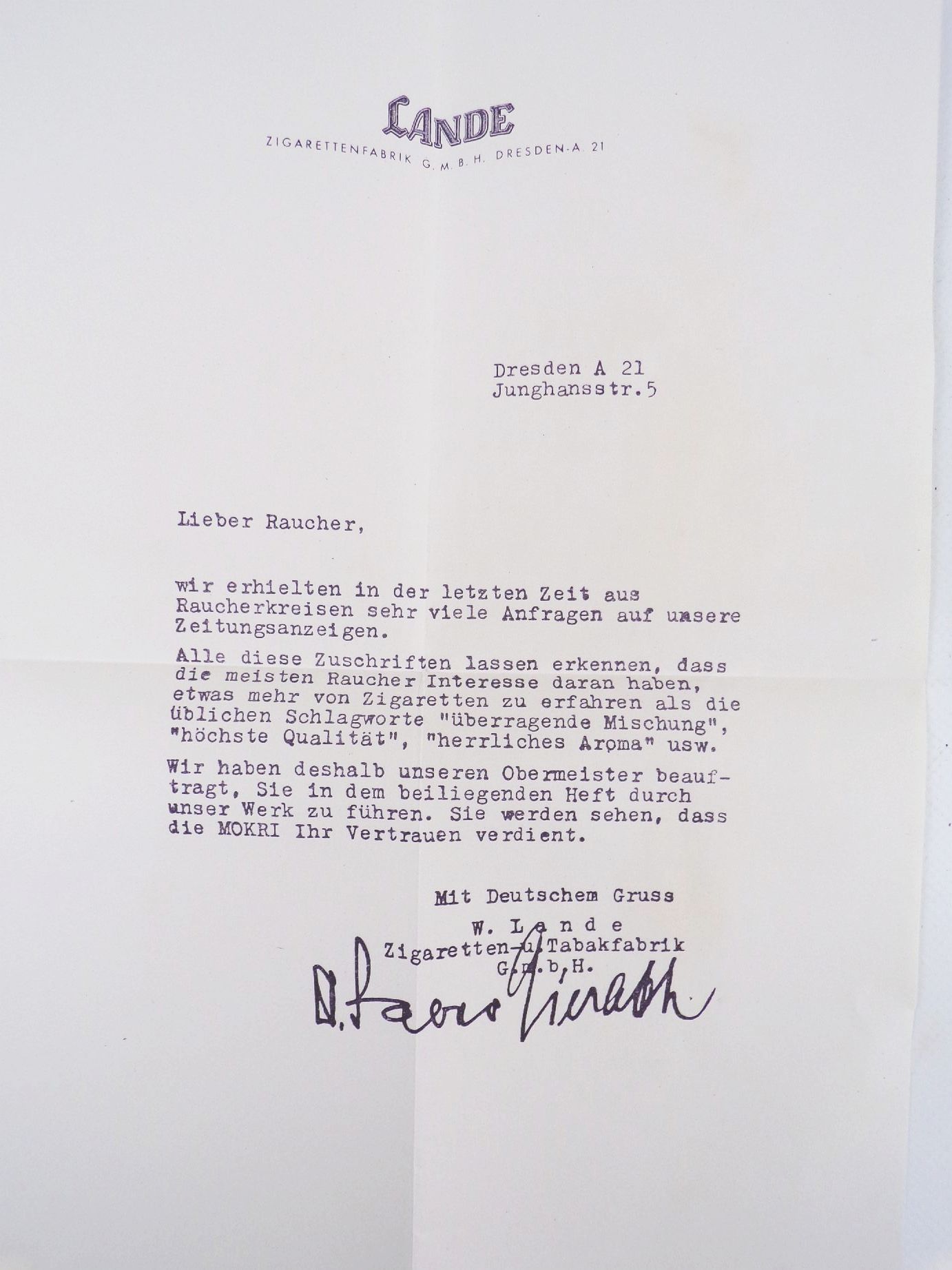 Werbung Lande Zigarettenfabrik Dresden Zigaretten Reklame Prospekt 1930 er 