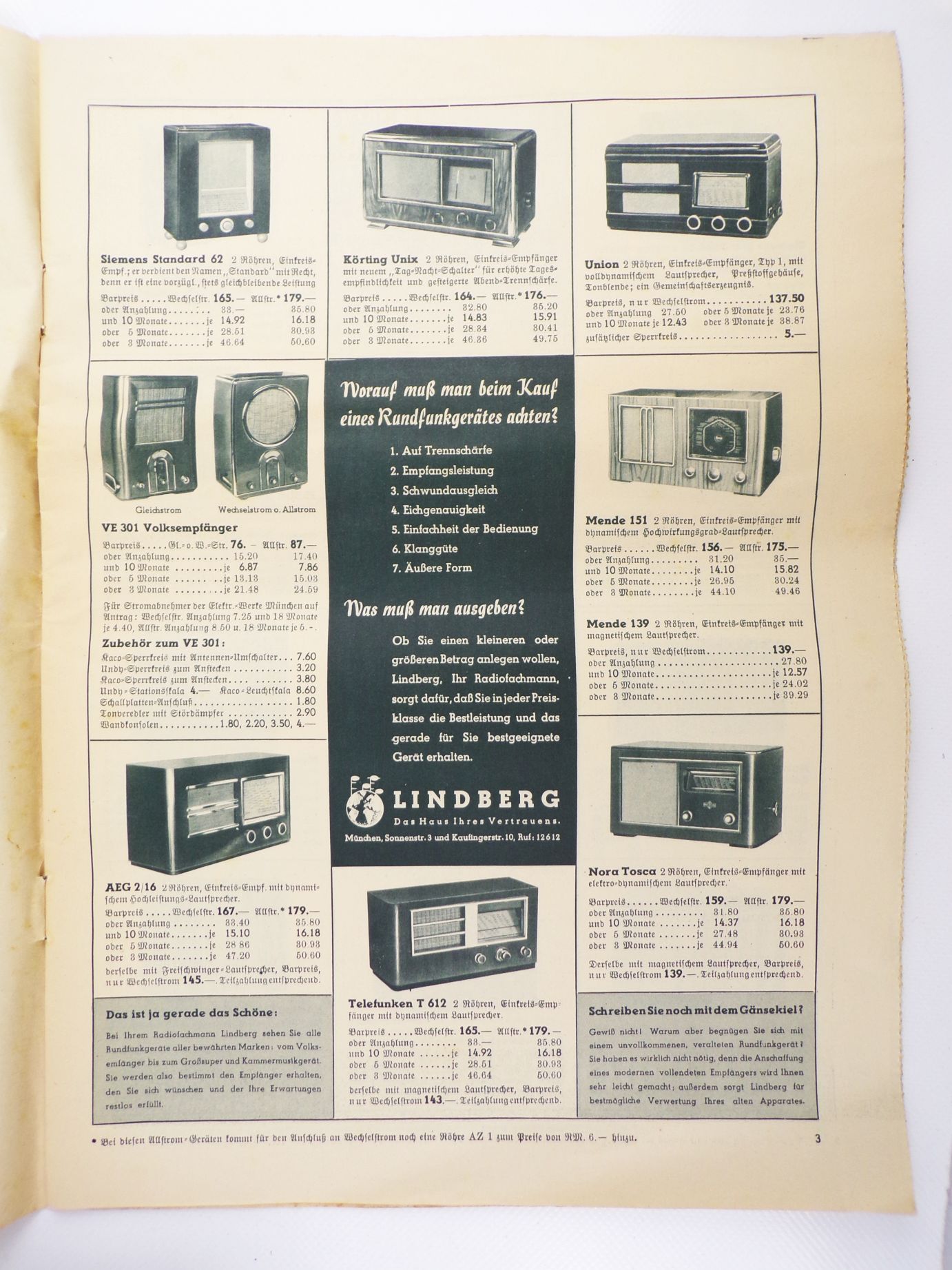 Katalog Lindberg München Radio Musikschrank Plattenspieler 1930er