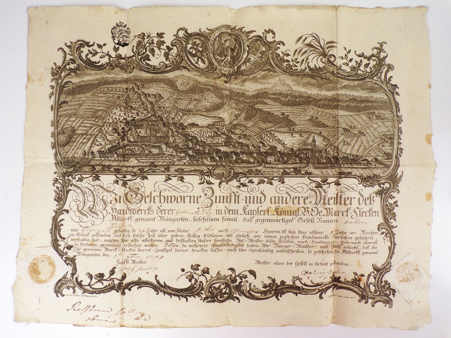 Gesellenbrief Zimmermann 1794 Weingarten Marck Flecken Altdorff Kupferstich