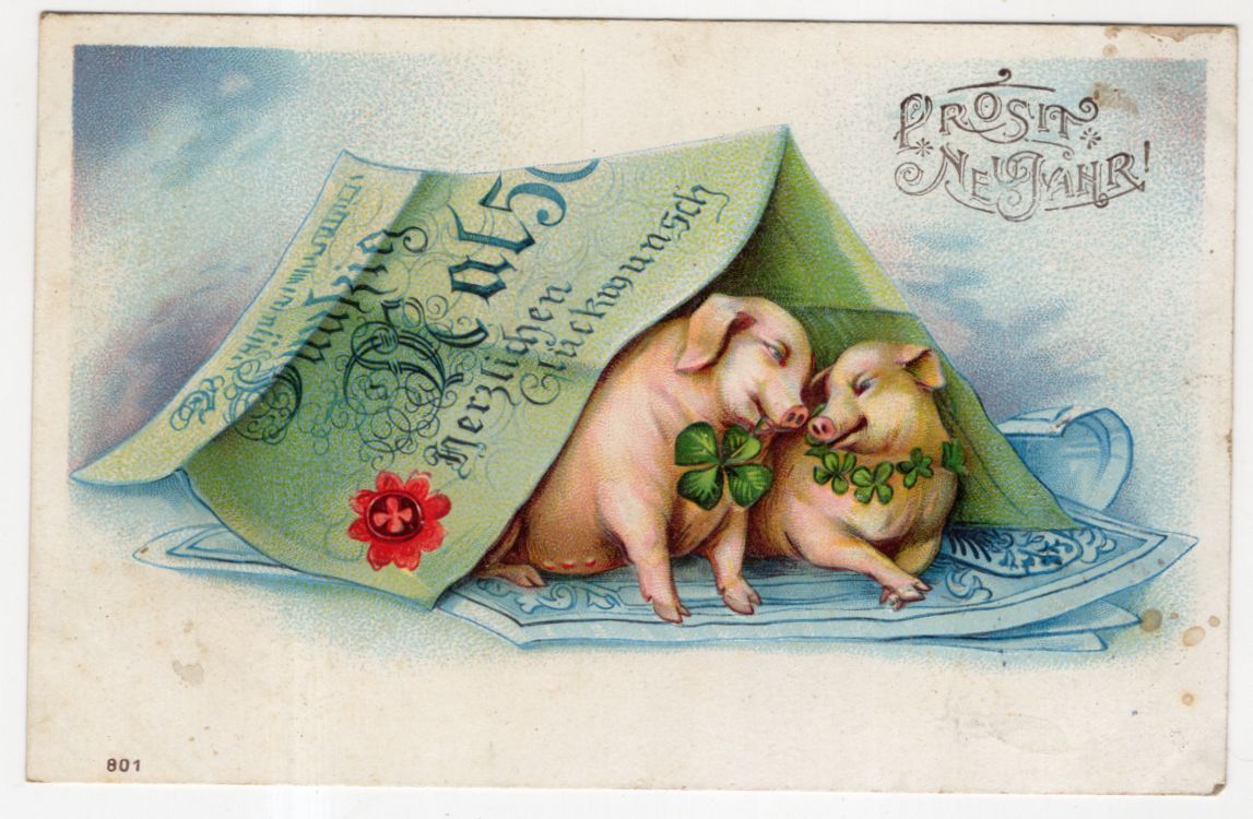 Litho Ak verliebte Schweine unterm Geldschein Prosit Neujahr geprägt 