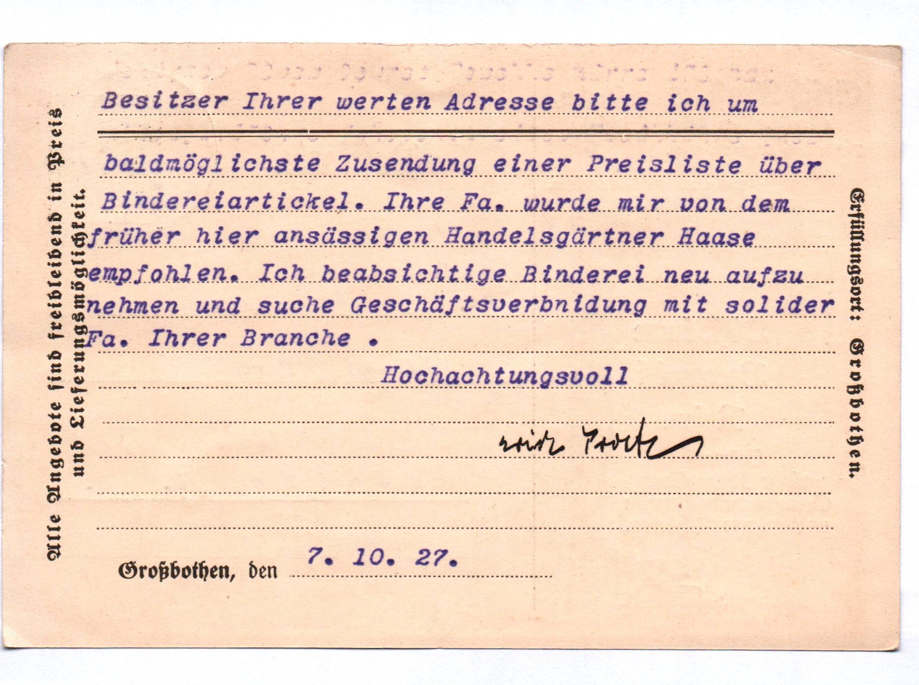 Postkarte Erich Trost Baumschulen Großbothen Bezirk Leipzig 1927 Postkarte Erich Trost Baumschulen Großbothen Bezirk Leipzig 1927