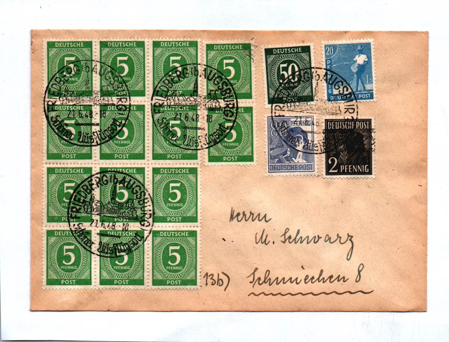 Brief Friedberg 1948 Augsburg Bayern Bizone Mischfrankatur