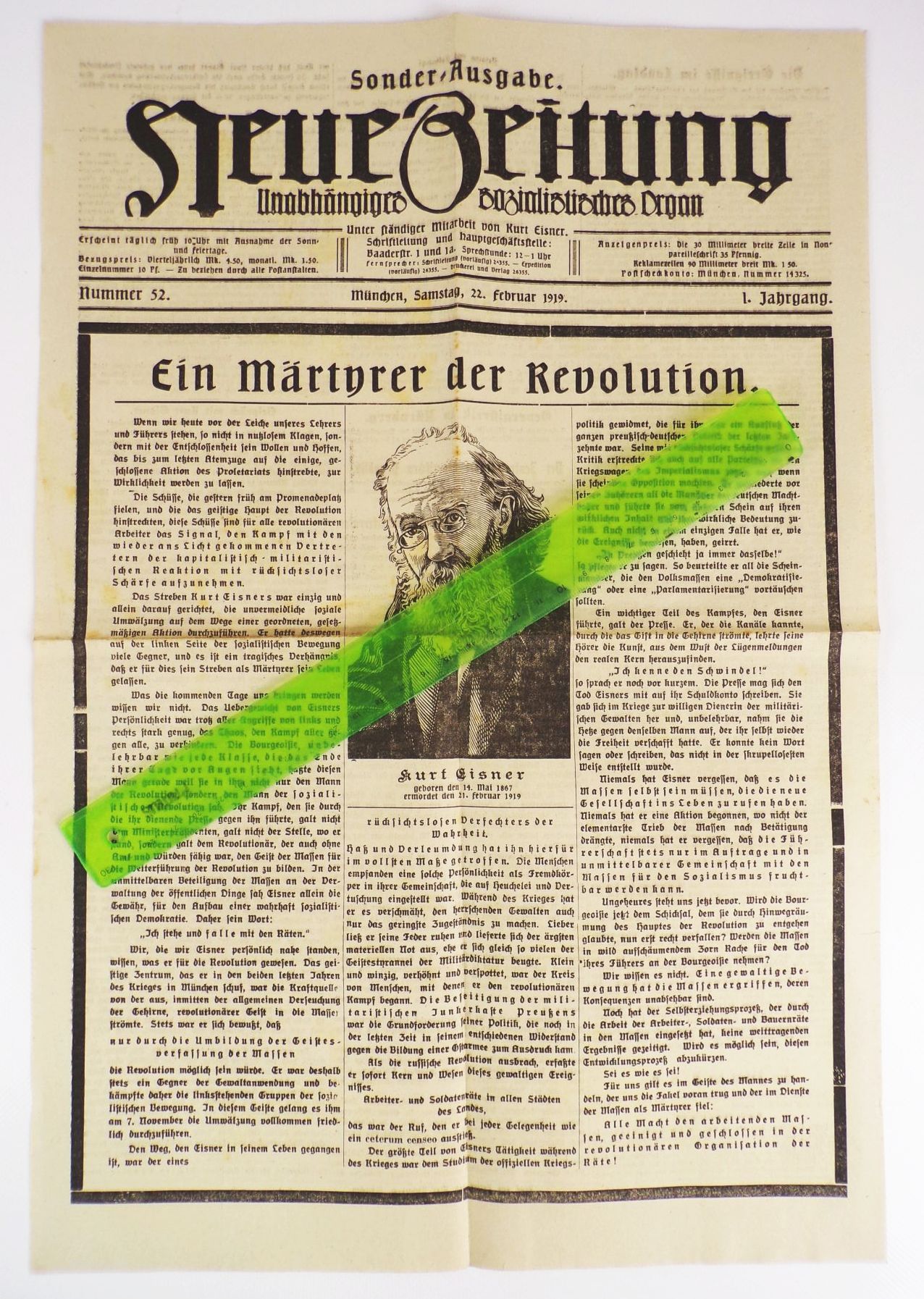 Neue Zeitung Sonderausgabe 1919 Märtyrer der Revolution Kurt Eisner 