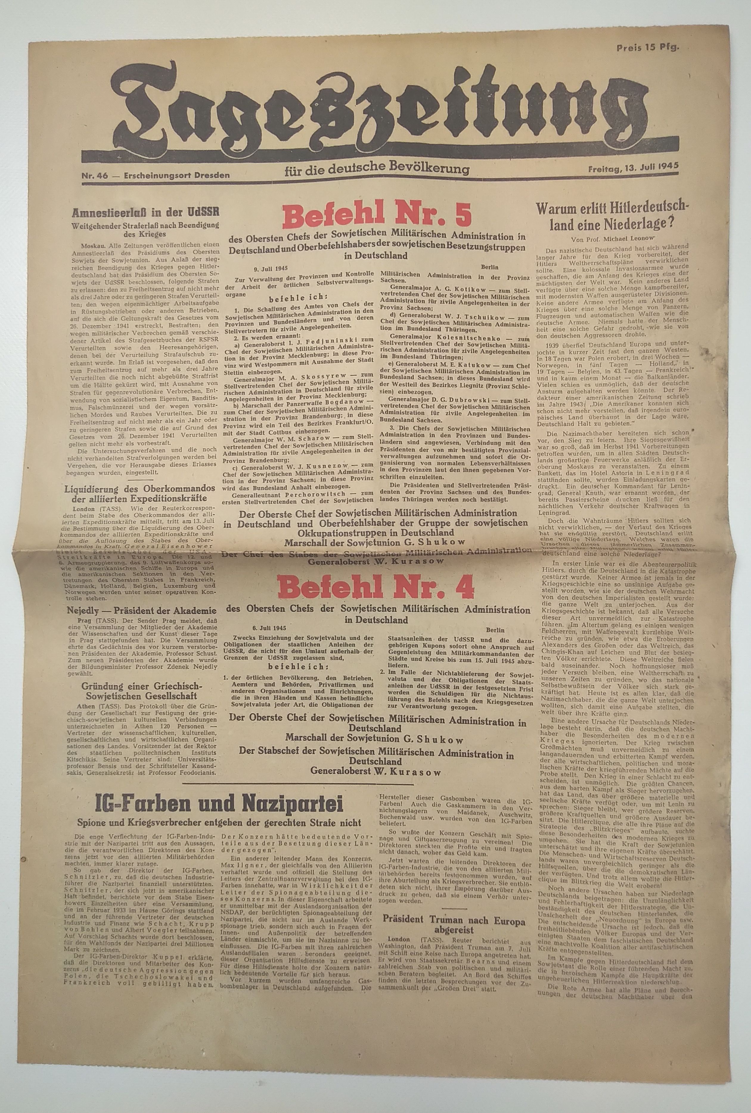 Tageszeitung Sowjetische Besatzungstruppen in Deutschland 1945 Nr 46 Tageszeitung Sowjetische Besatzungstruppen in Deutschland 1945 Nr 46
