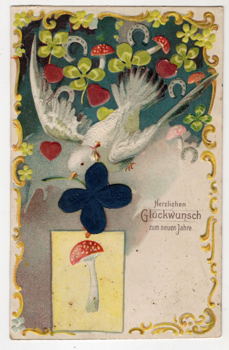 Litho Ak Taube mit Glücksklee Seide Fliegenpilzen Neujahr stark geprägt