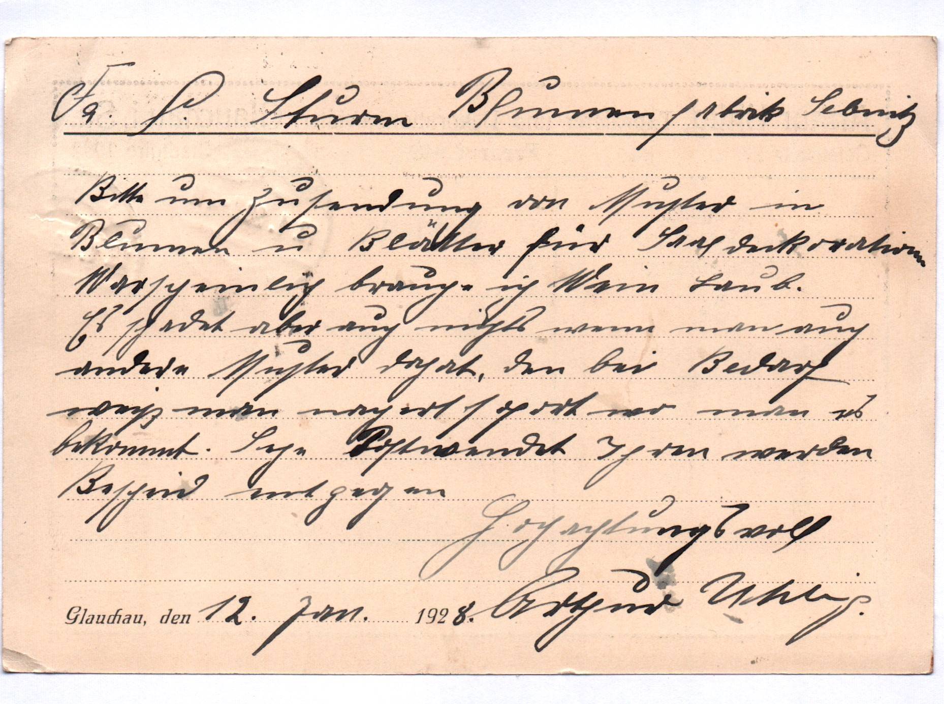 Postkarte Arthur Uhlig Tapezierer und Dekorationsmeister Glauchau in Sachsen 1928 Postkarte Arthur Uhlig Tapezierer und Dekorationsmeister Glauchau in Sachsen 1928