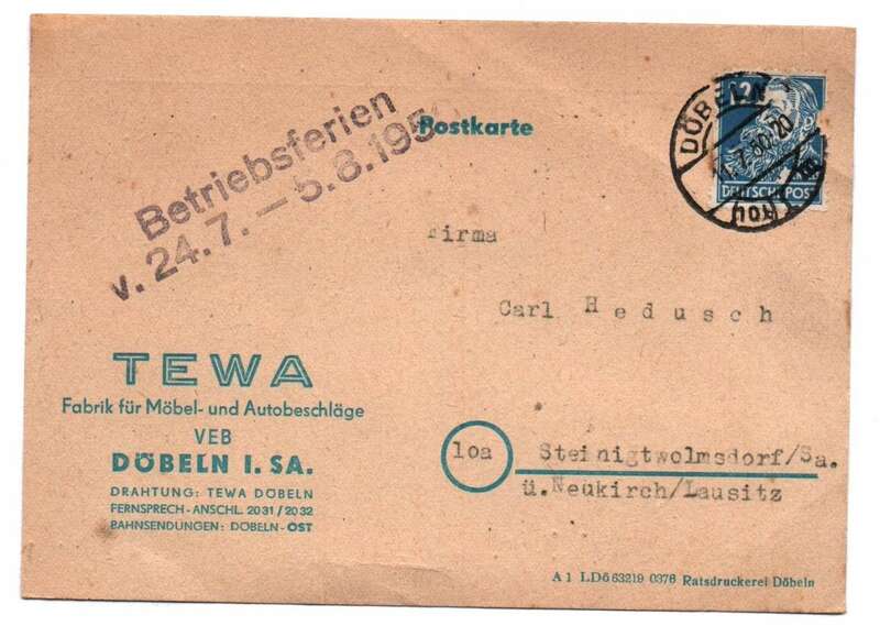Postkarte TEWA Möbelbeschläge Autobeschläge Döbeln 1950
