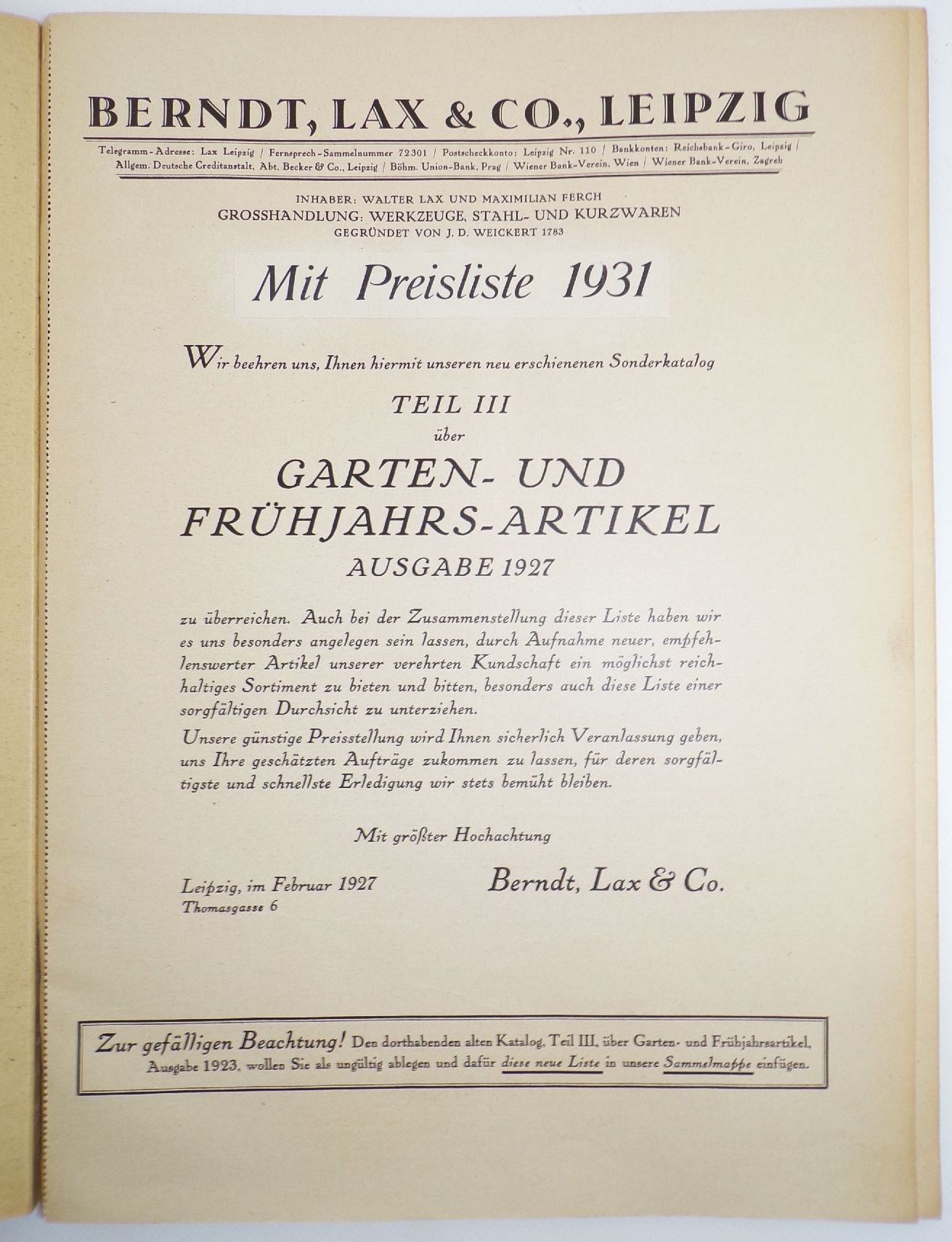 Alter Katalog Belaco Garten Werkzeuge Gießkannen 1931 