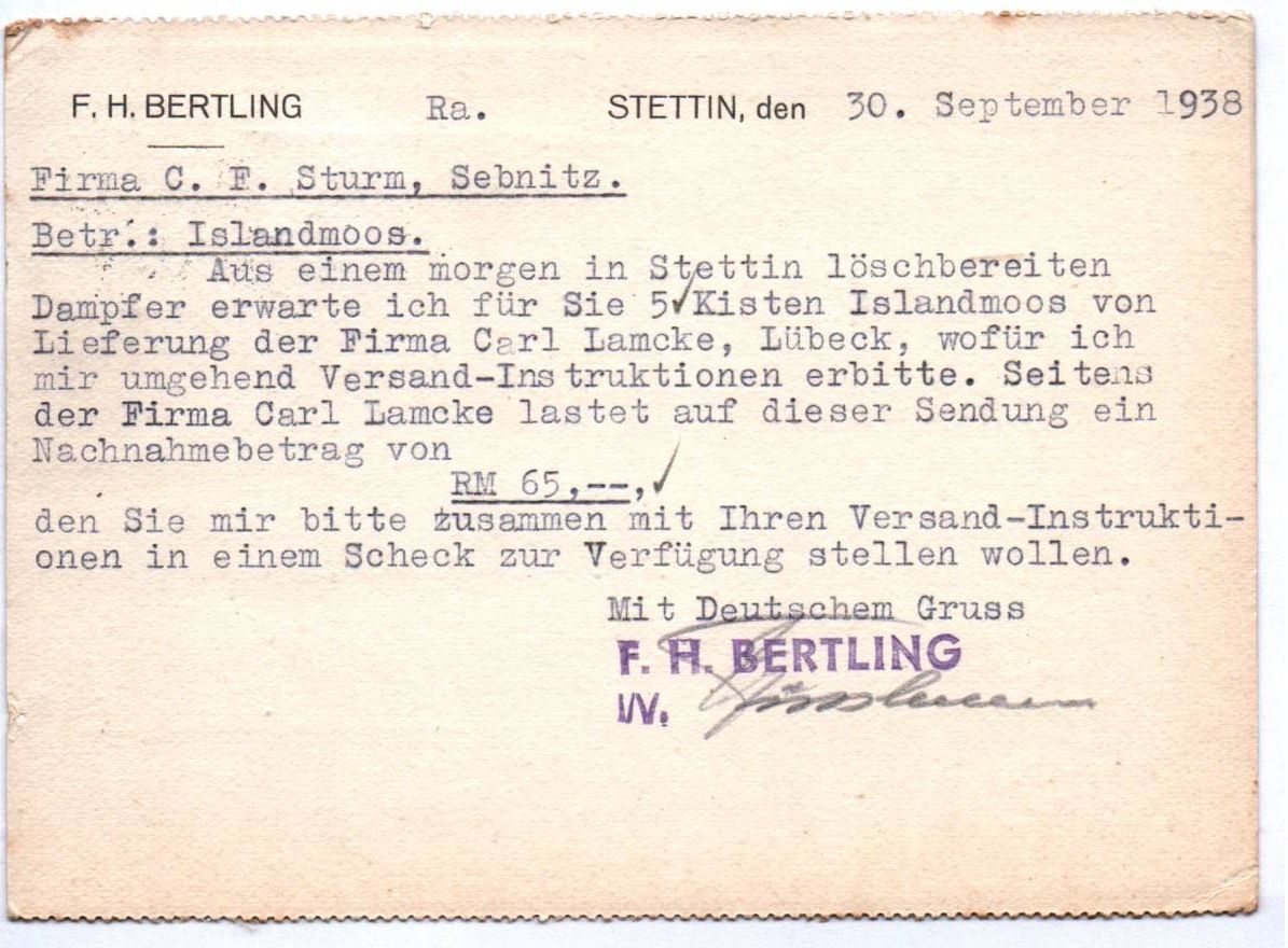 Stettin Alte Firmenkarte Bertling 1938 Spedition Lagerung Versicherung