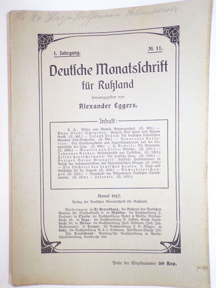 Deutsche Monatsschrift für Russland Alexander Eggers 1912 Reval 