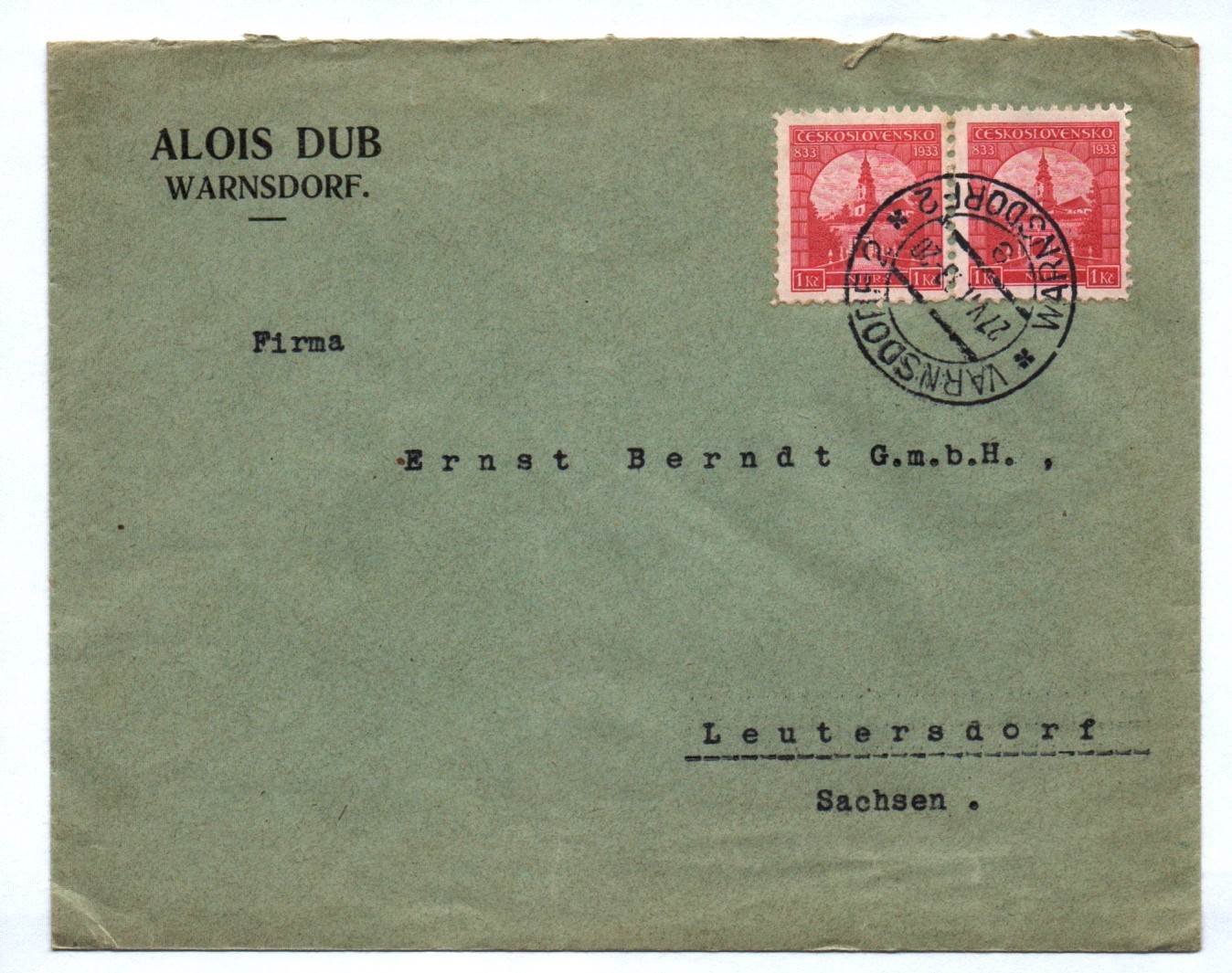 Brief Warnsdorf Alois Dub Briefkuvert