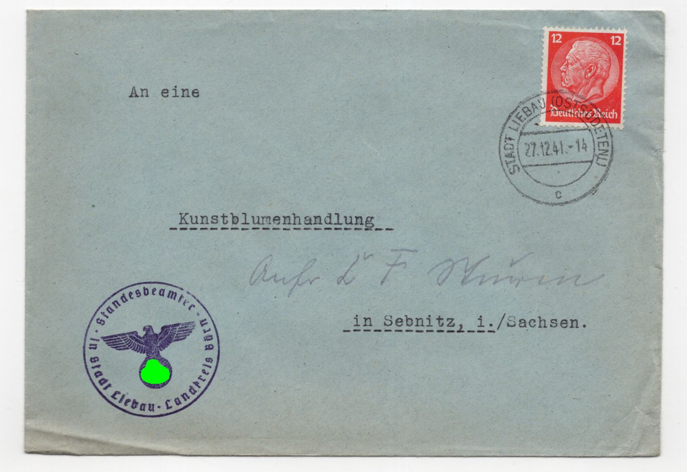  Brief Stadt Liebau Ostsudeten 1941 Stempel