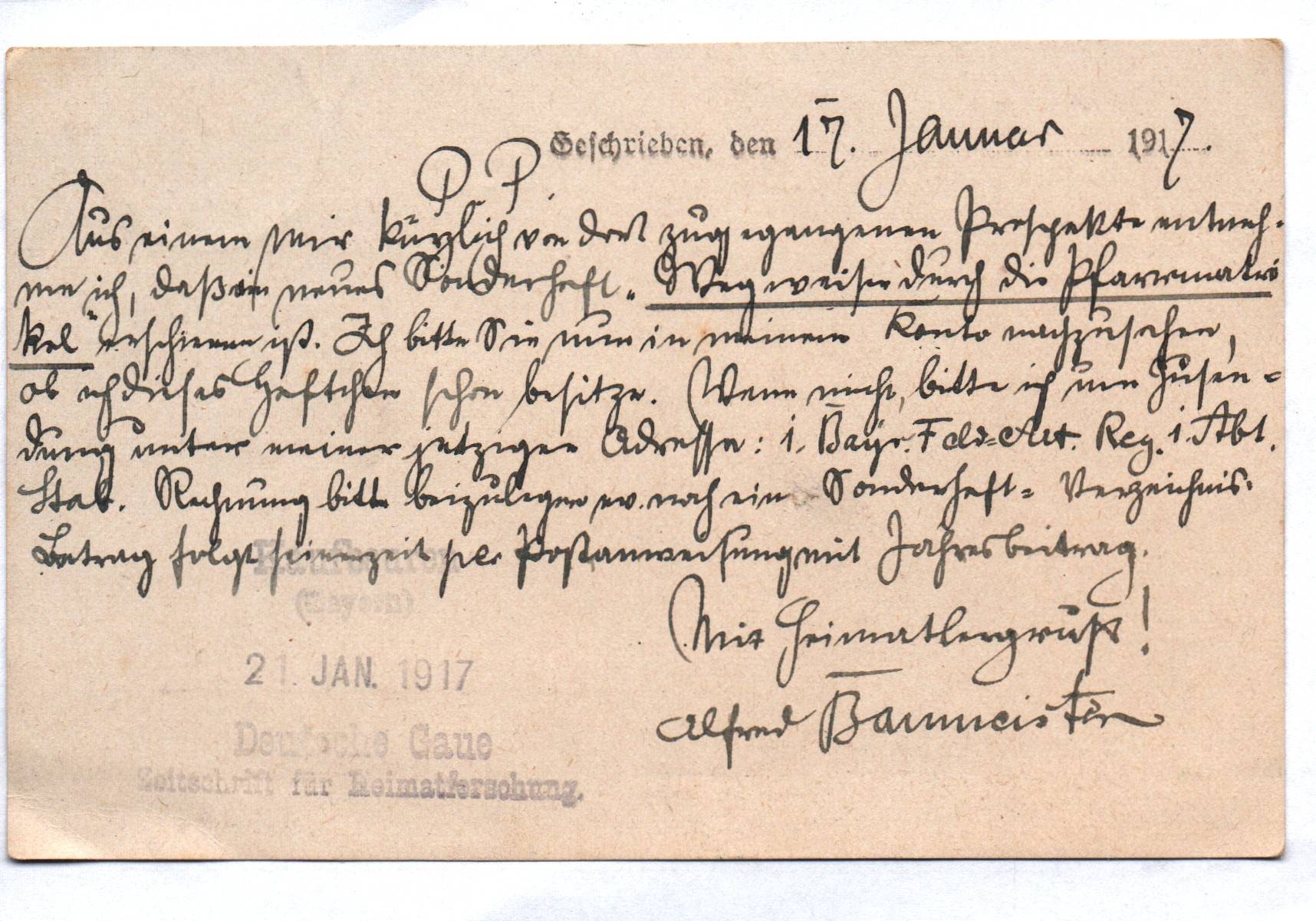 Feldpostkarte 1 Bayern FAR Stab I Stempel 1917 Feldpostkarte 1 Bayern FAR Stab I Stempel 1917