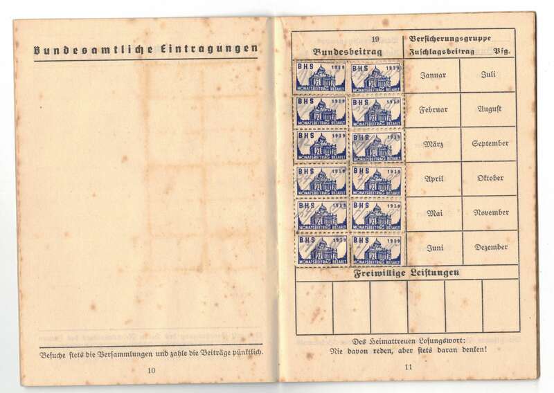 BHS Mitgliedsbuch Spendenmarken Betragsmarken Heimattreuer Schlesier 1939