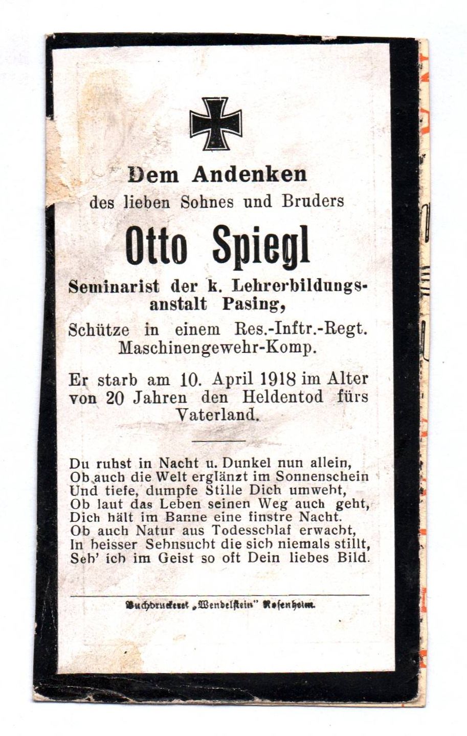 Sterbebild 1 Wk Pasing Schütze RIR MG Kompagnie Sterbebild 1 Wk Pasing Schütze RIR MG Kompagnie