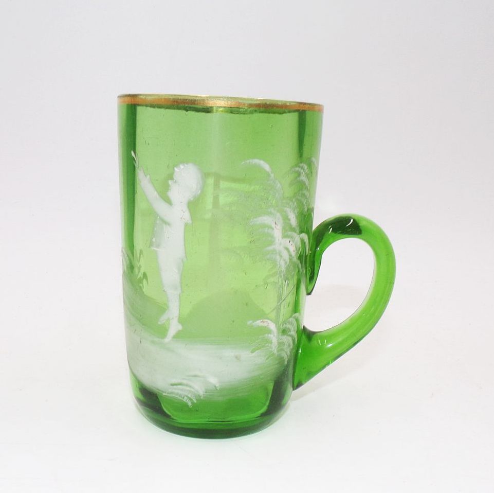 Altes Glas Schneemalerei um 1900 grün weiß Antik 