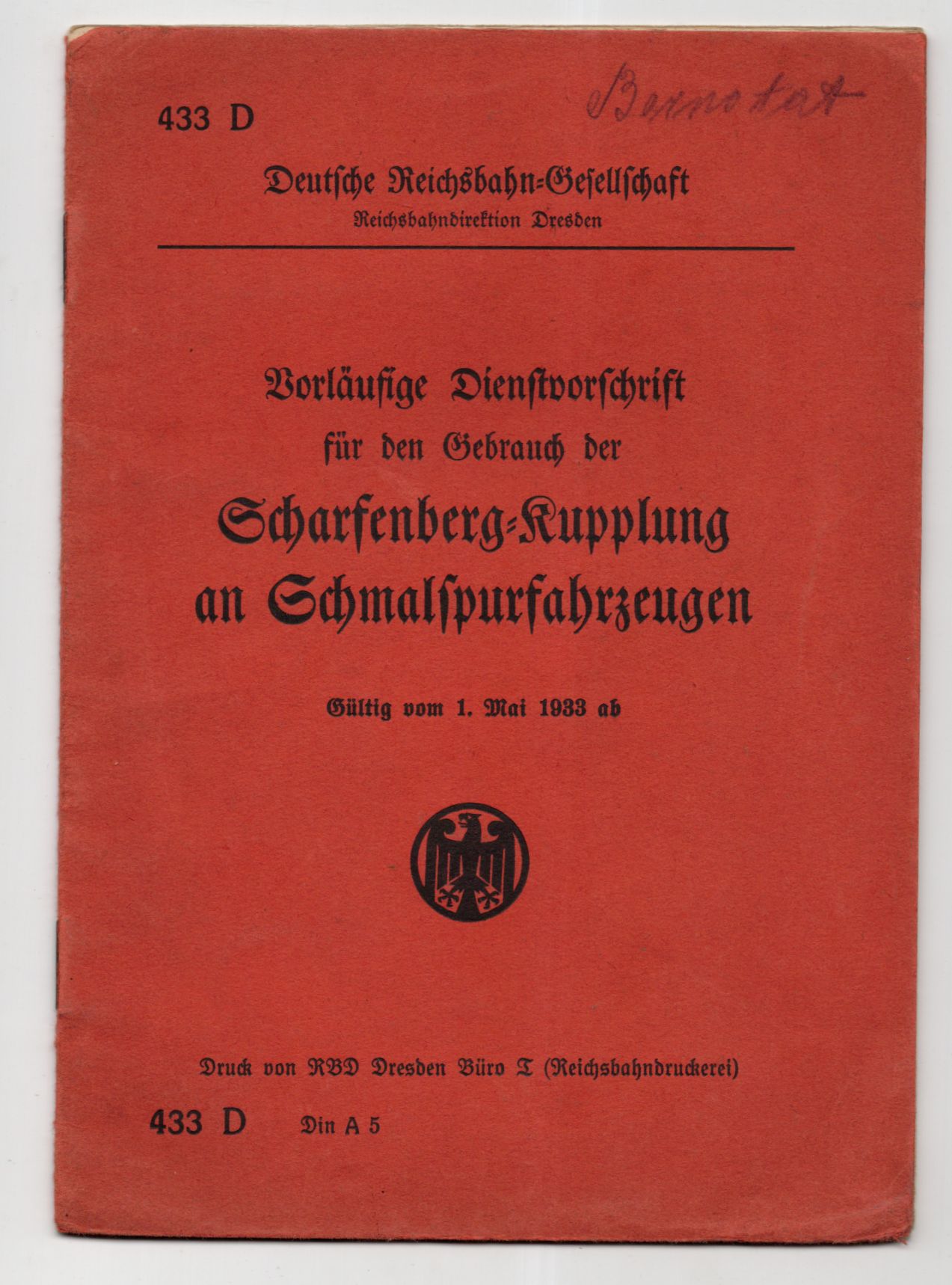 Vorläufige Dienstvorschrift Gebrauch Scharfenberg Kupplung an Schmalspurbahn 
